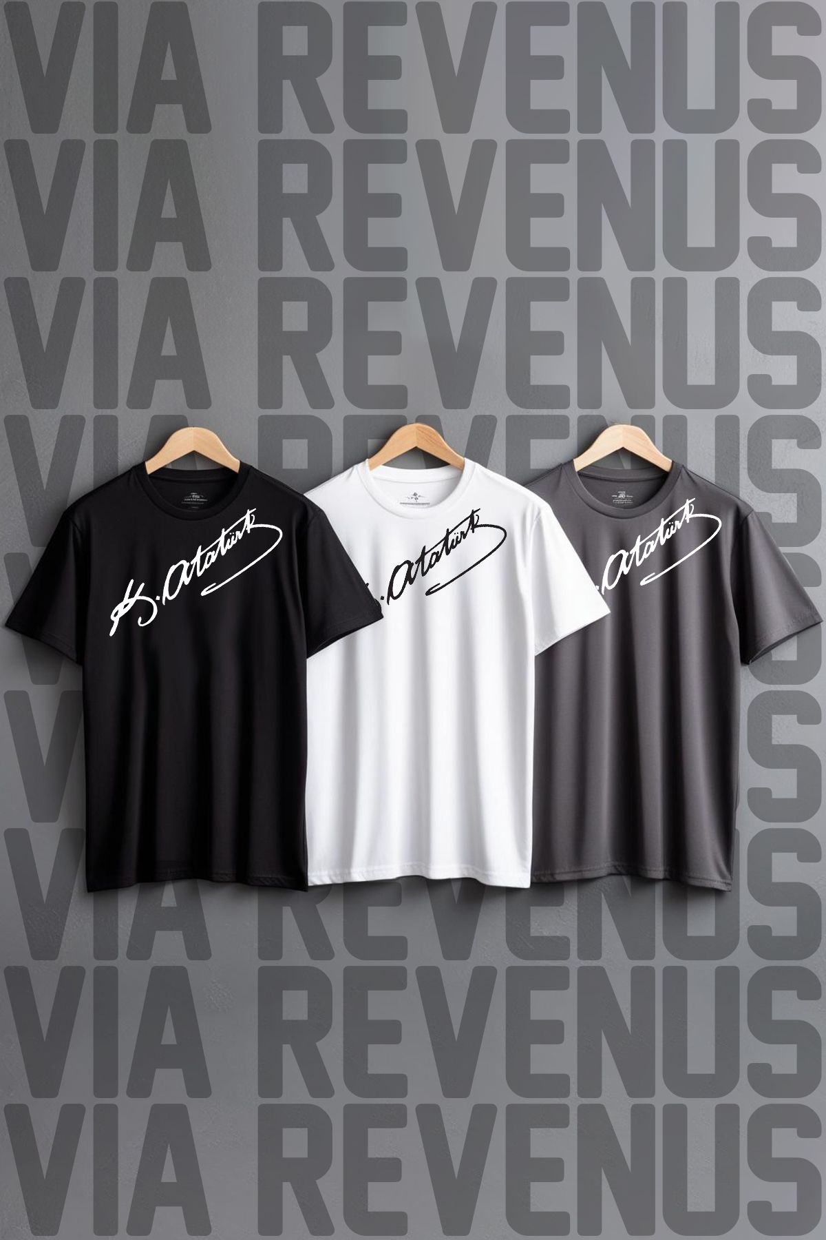 Vordevia Atatürk İmza Baskılı 3'lü %100 Pamuk Penye Tshirt