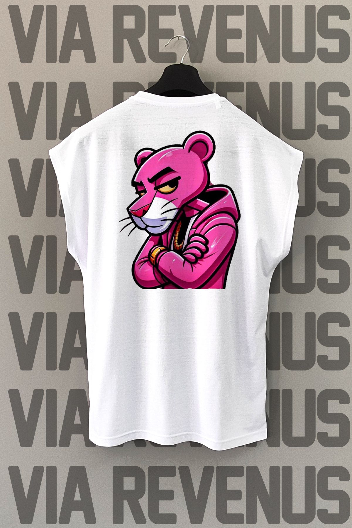 Vordevia Pembe Panter Sırt Baskılı Sıfır Kollu Bisiklet Yaka Spor Tshirt