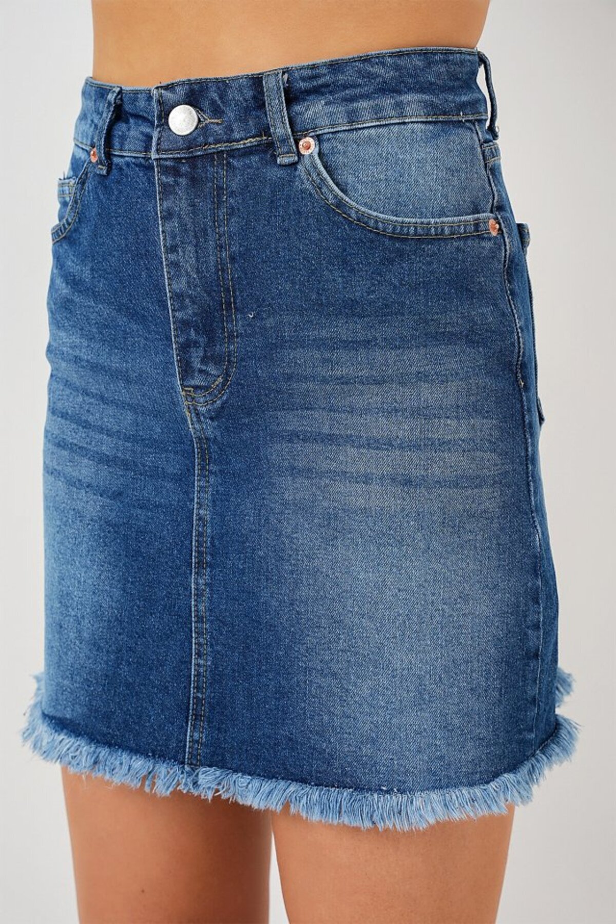 MODAVERA-Tasseled Mini Denim Skirt 8051 - Navy Blue 3