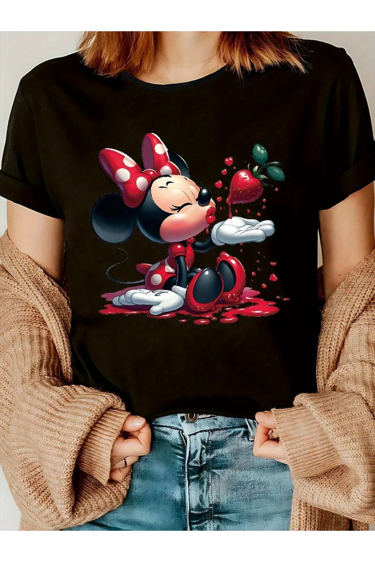 aynewmoda Kadın Mickey Mouse Grafik Tişört - Kısa Kollu, Yuvarlak Yaka, M