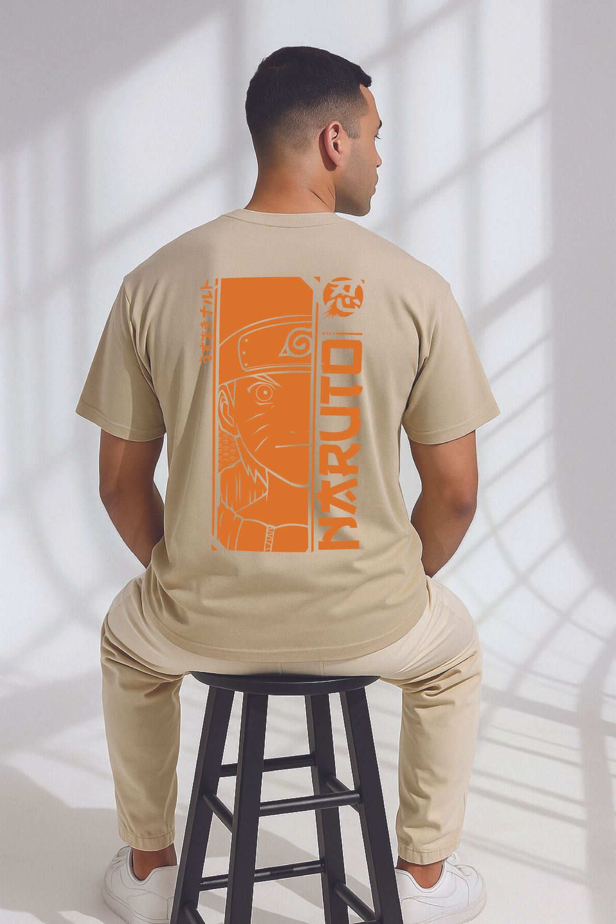 By Caspita Fashion Lenithra Naruto Anime Sırt Baskılı Unisex Oversize Bej T-shirt