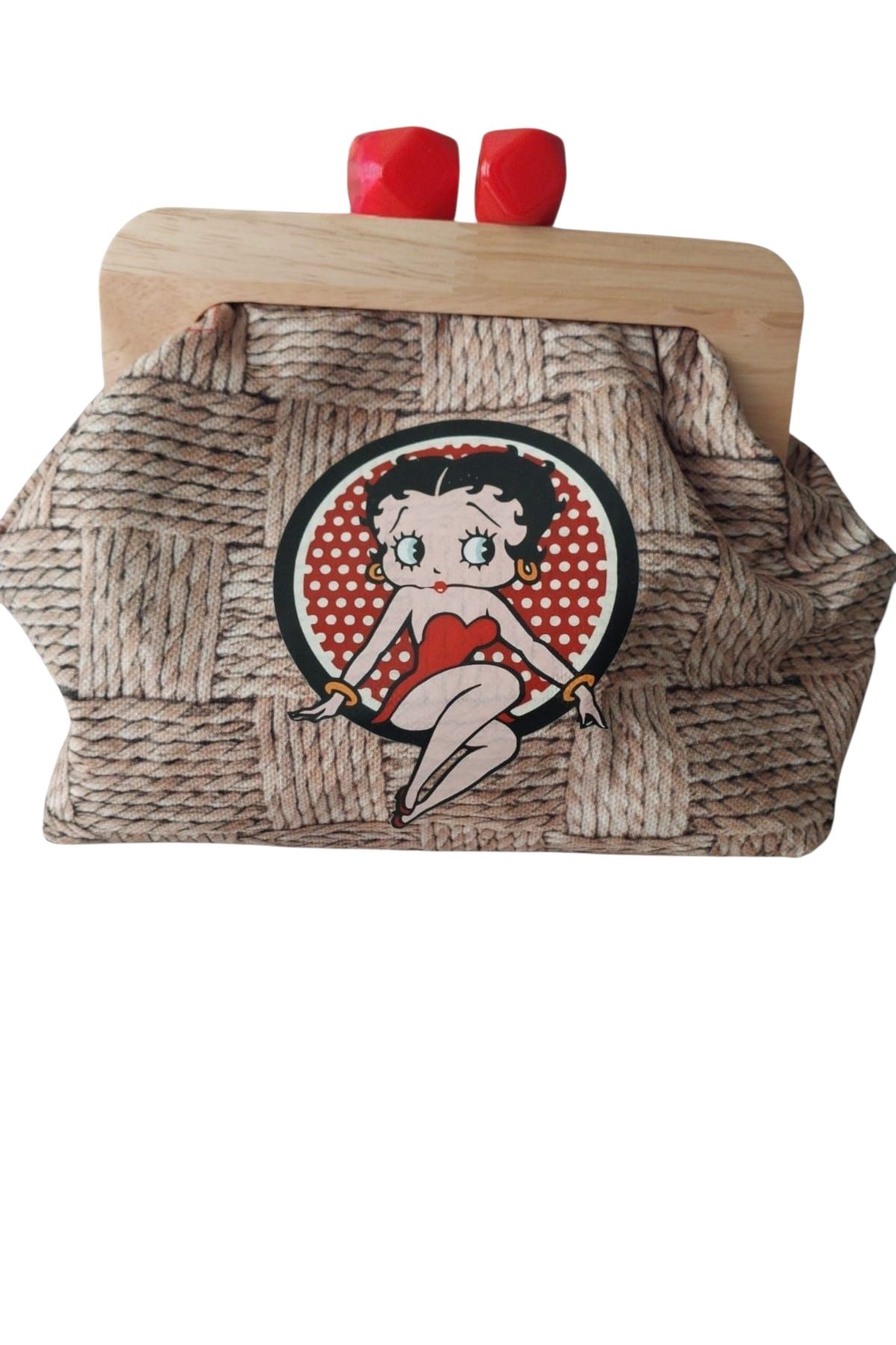 handedizayn Hediyedelisi Betty Boop Ahşap Burslu Zincir Askılı Clutch Omuz Çantası