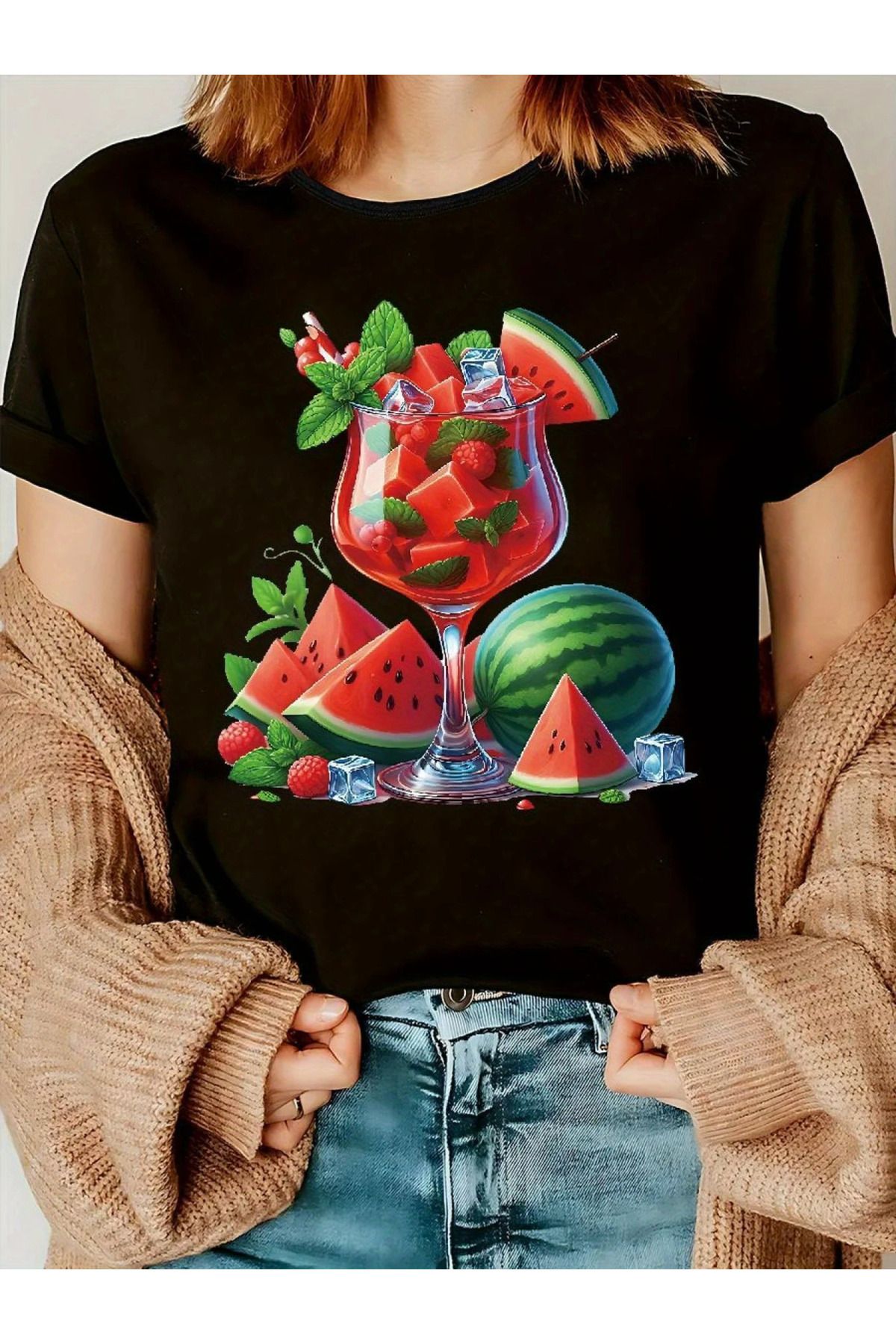 aynewmoda Yeni Kadın Kısa Kollu Tişört - Canlı Karpuz ve Nane Grafik Baskı, Yuvarlak Yaka