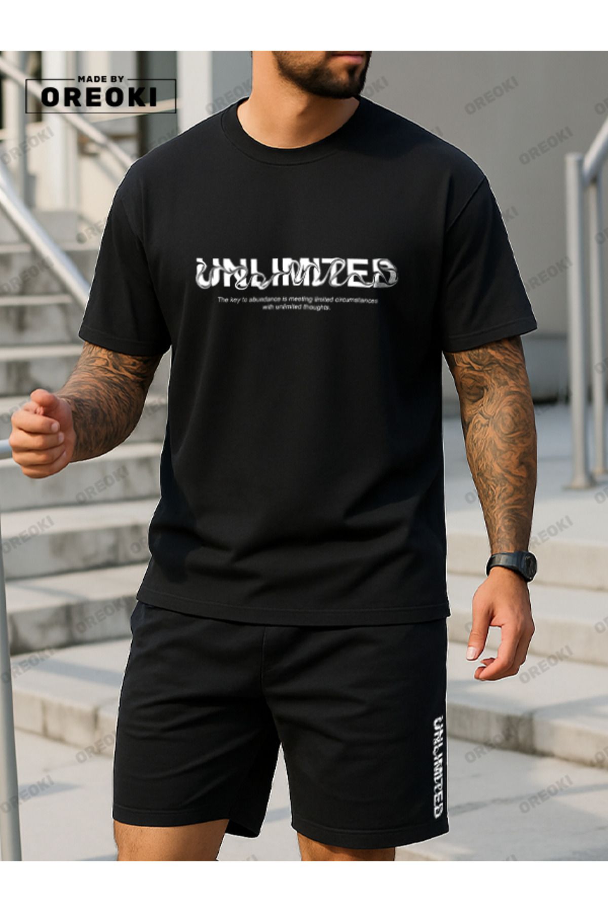 EFFRENATU Dalgalı Unlimited Baskılı Pamuklu Kumaş Erkek Siyah T-shirt-Siyah Şort Takım