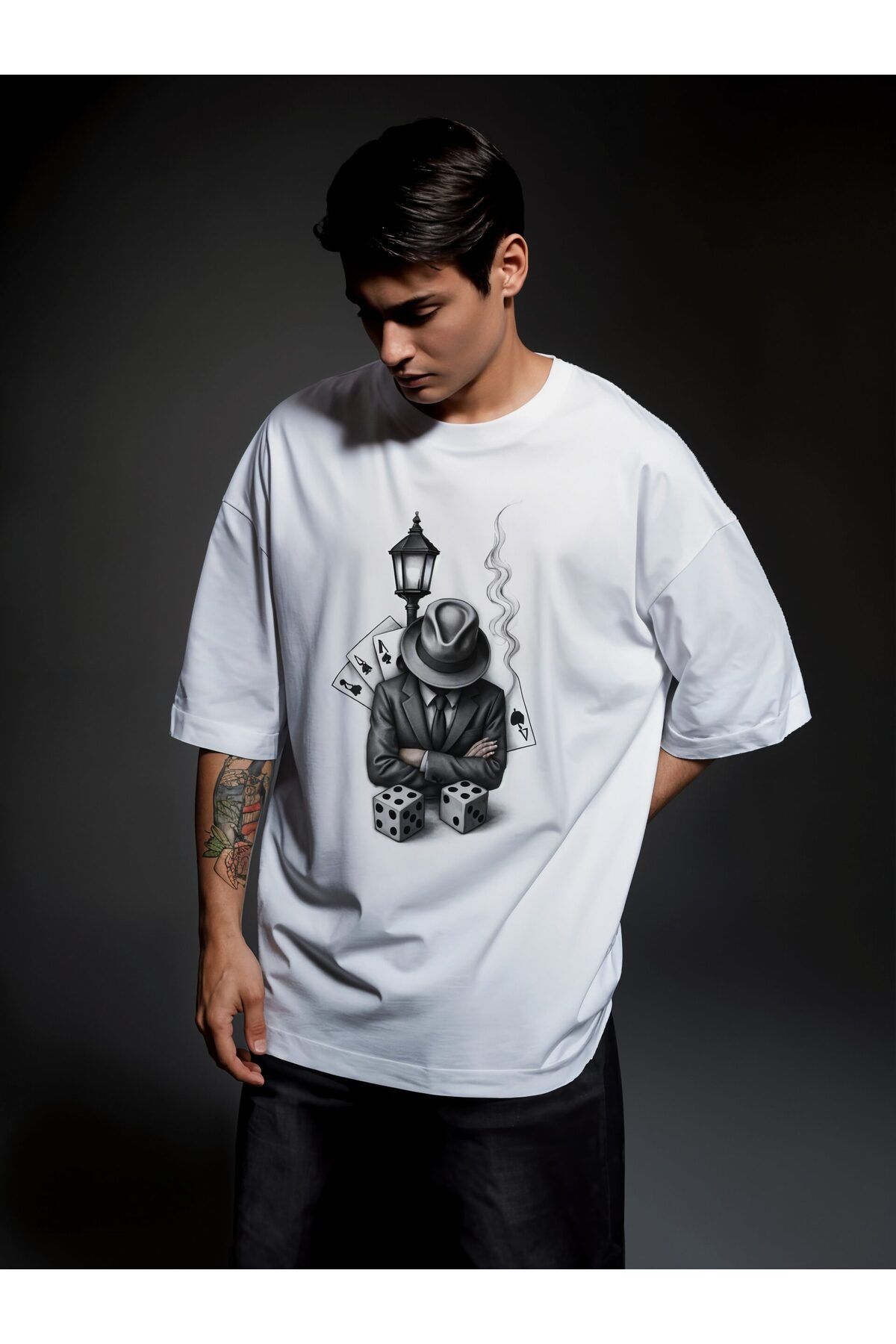 ELNOYA Unisex Pamuklu Beyaz Oversize "Karamsar" Baskılı Bisiklet Yaka Rahat Günlük T-shirt