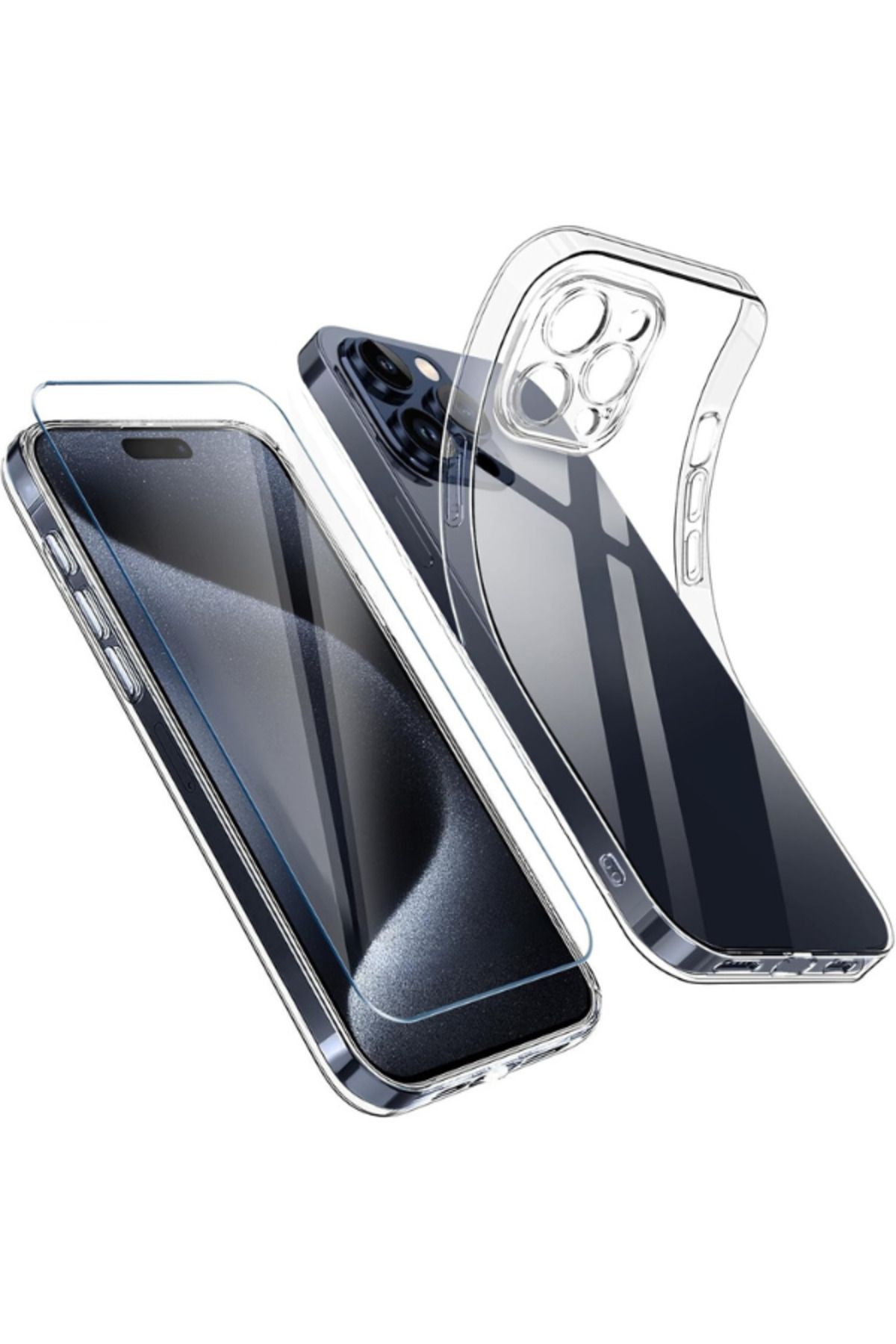 EVAX 1C1K iPhone 15 Pro Max Uyumlu 1 Kamera Korumalı Şeffaf Silikon Kılıf + 1 Temperli Cam Ekran Koruyucu