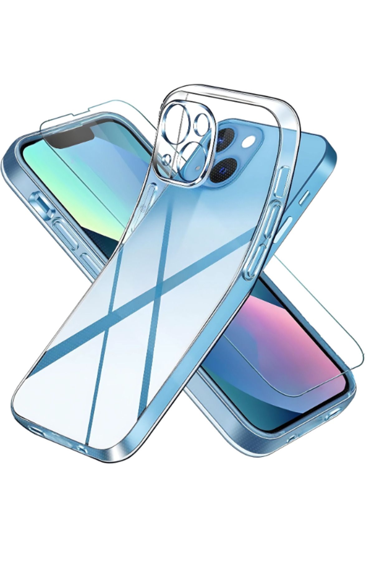EVAX 1C1K iPhone 13 Uyumlu 1 Kamera Korumalı Şeffaf Silikon Kılıf + 1 Temperli Cam Ekran Koruyucu