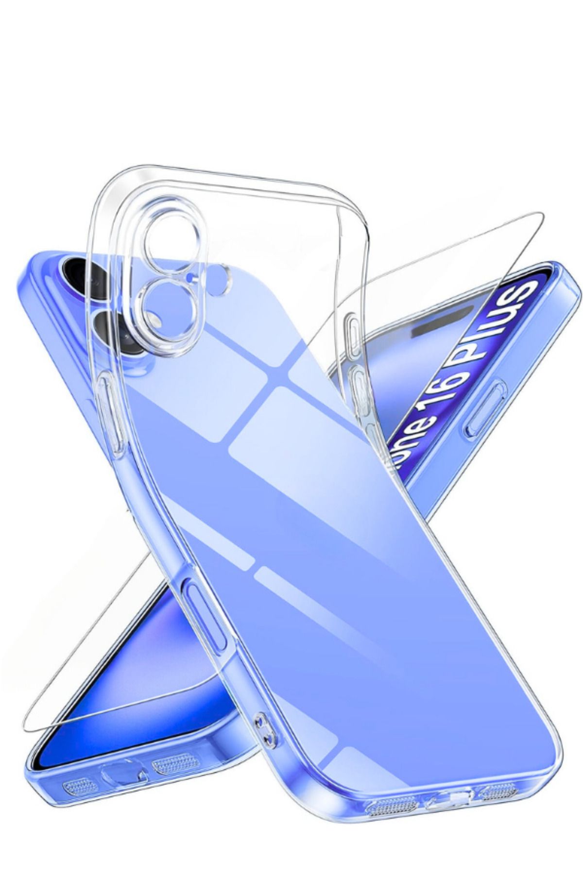 EVAX 1C1K iPhone 16 Plus Uyumlu 1 Kamera Korumalı Şeffaf Silikon Kılıf + 1 Temperli Cam Ekran Koruyucu
