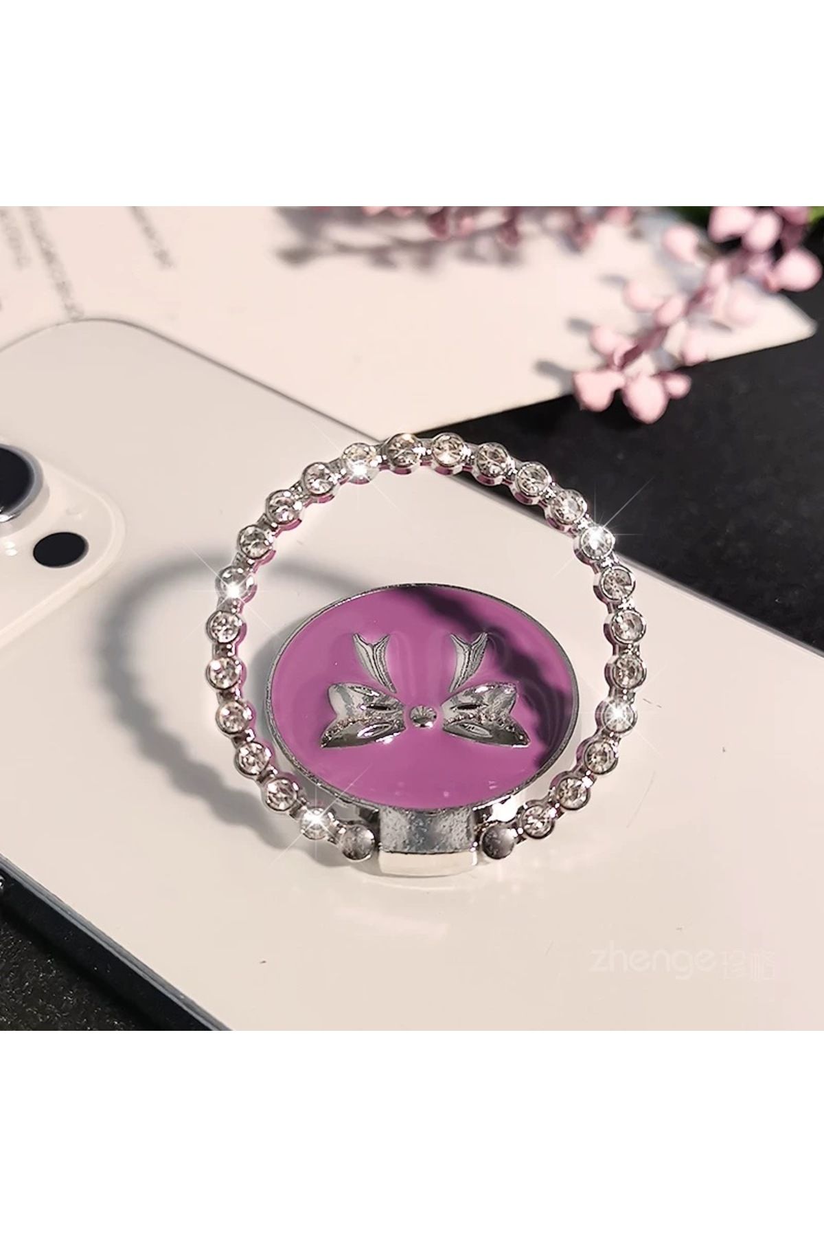 EDELFU Popsocket Gümüş Taşlı Halka Fiyonklu Metal Telefon Tutacağı Sert Yüzey Yapışkanlı Parmak Tutucu