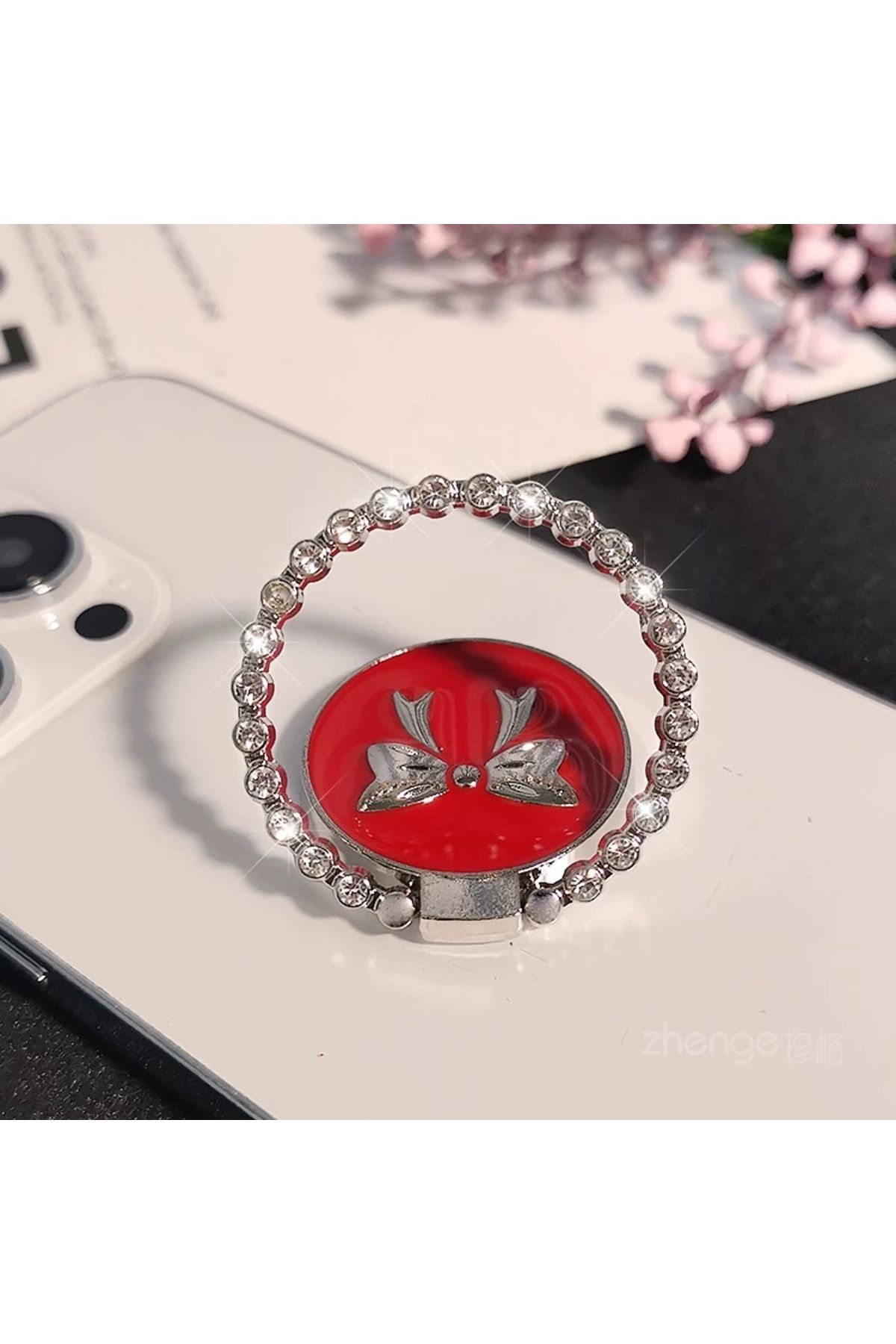 EDELFU Popsocket Gümüş Taşlı Halka Fiyonklu Metal Telefon Tutacağı Sert Yüzey Yapışkanlı Parmak Tutucu