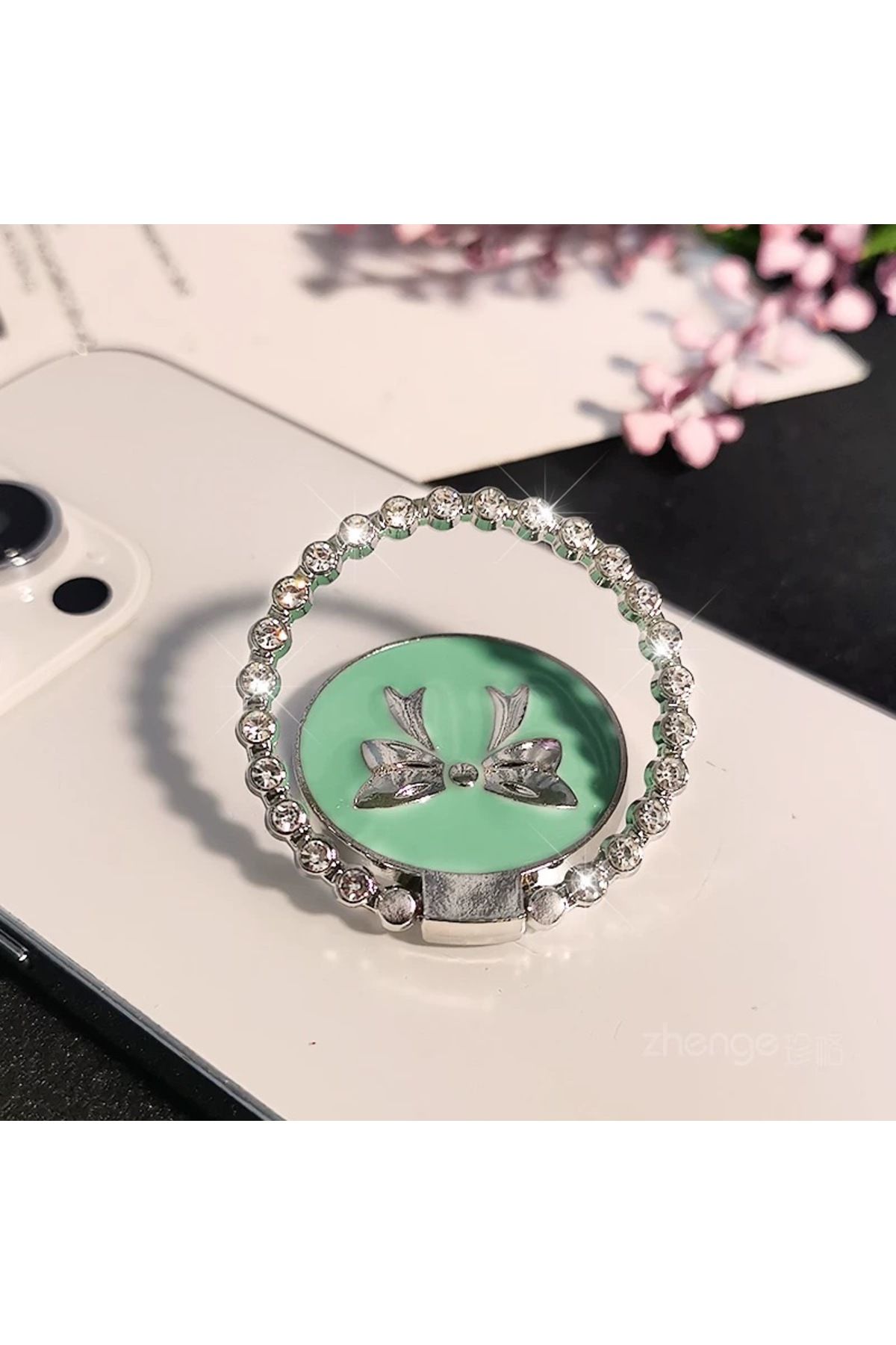EDELFU Popsocket Gümüş Taşlı Halka Fiyonklu Metal Telefon Tutacağı Sert Yüzey Yapışkanlı Parmak Tutucu