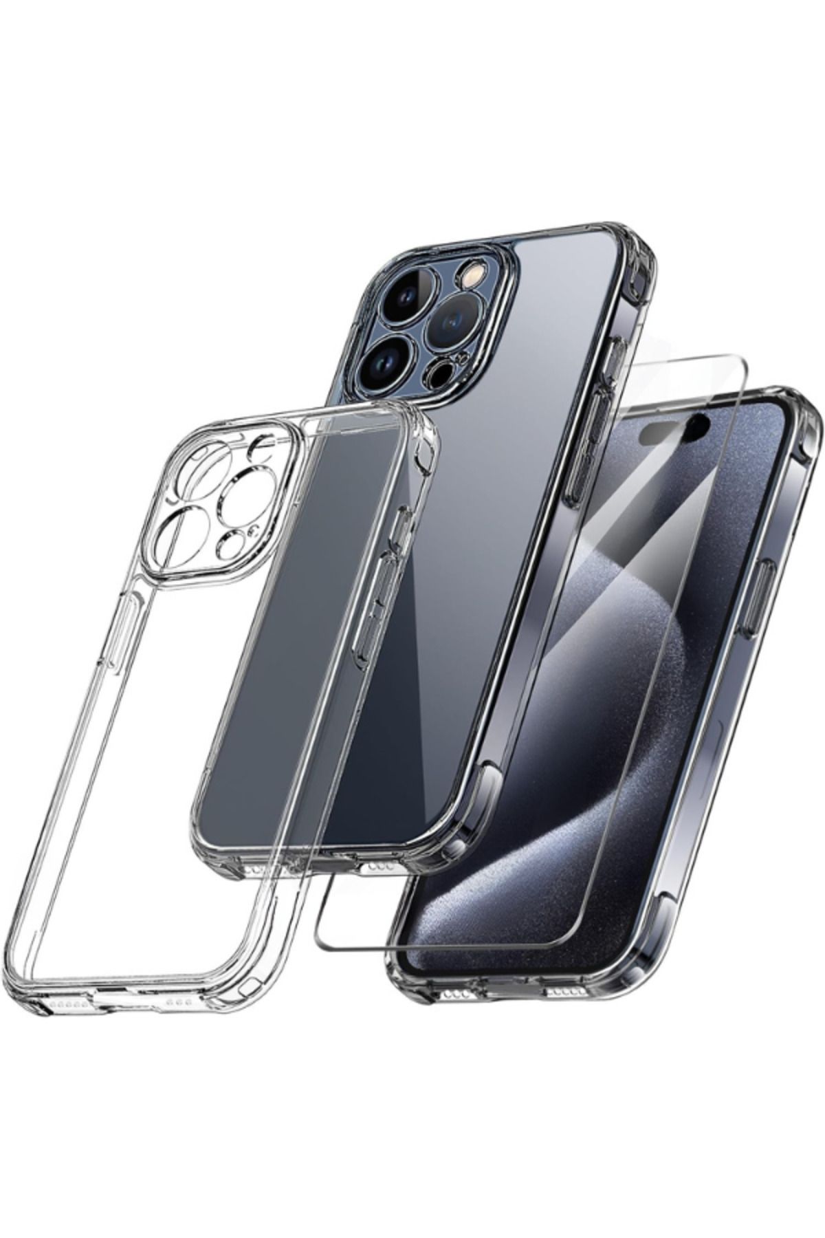 EVAX 1C1K iPhone 15 Pro Uyumlu 1 Kamera Korumalı Şeffaf Silikon Kılıf + 1 Temperli Cam Ekran Koruyucu