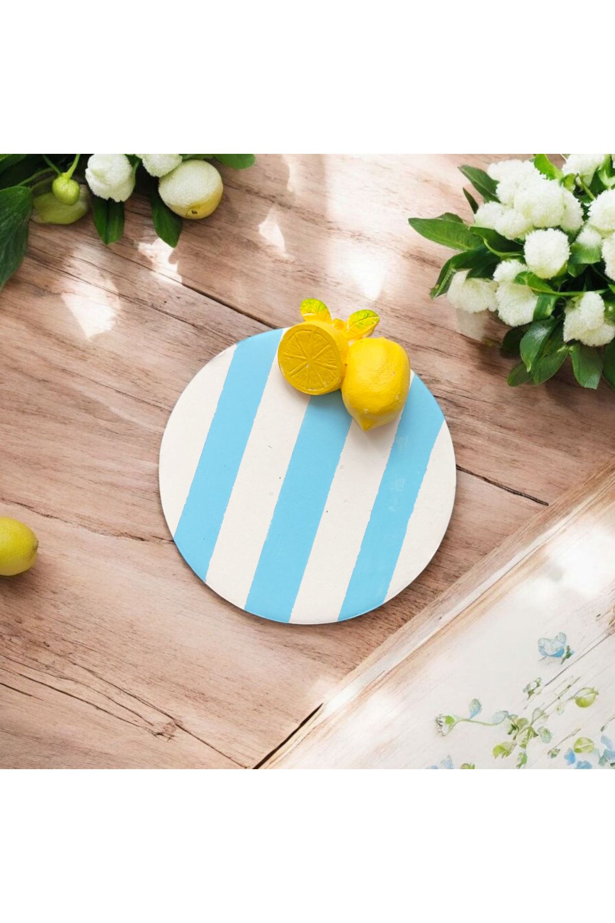 Season to Shine Limon Detaylı Mavi Çizgili Seramik Bardak Altlığı/Sunumluk