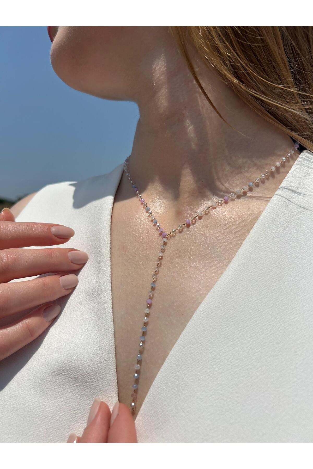 canimi.co Y kolye pembe renkli taş detaylı