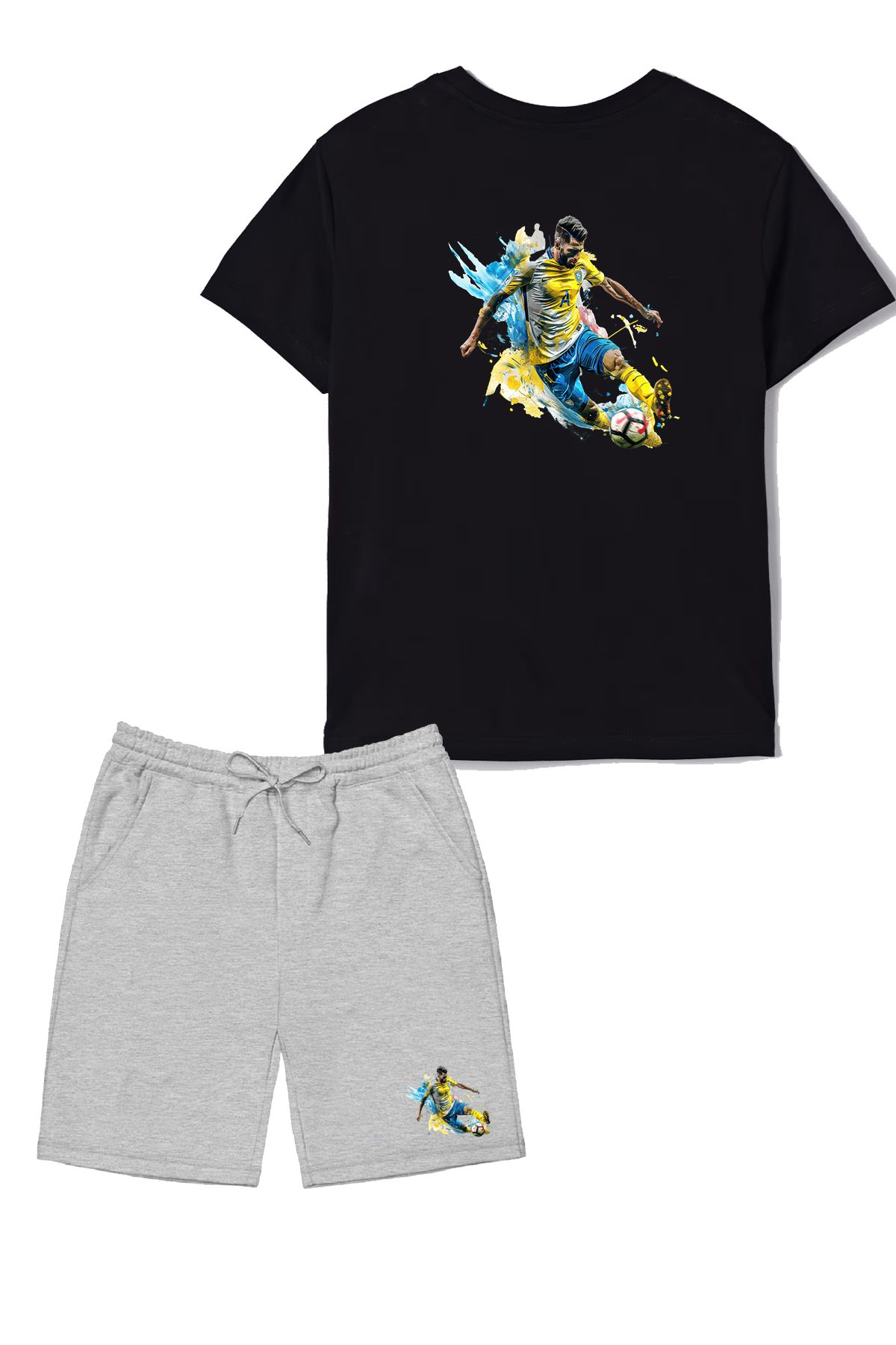 makiteks 2'li Set Baskılı Erkek Çocuk Pamuk Şort Tshirt Takım Futbol 5 6 7 8 9 10 11 12 13 14 yaş Tişört