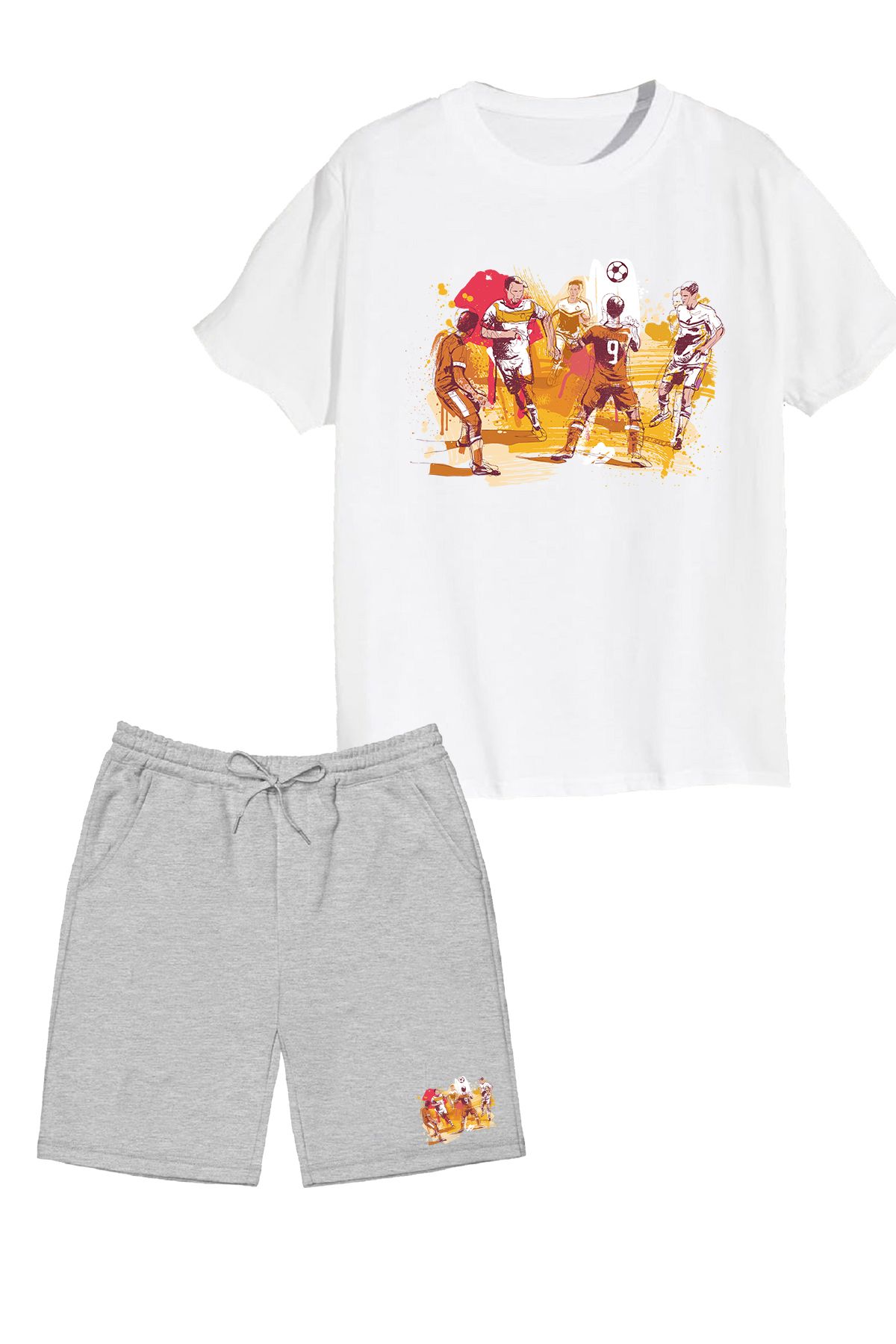 makiteks 2'li Set Baskılı Erkek Çocuk Pamuk Şort Tshirt Takım Futbol 5 6 7 8 9 10 11 12 13 14 yaş Tişört