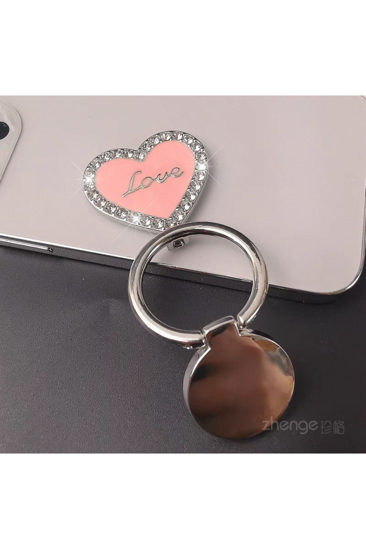EDELFU Popsocket Gümüş Taşlı Halka Love Kalpli Metal Telefon Tutacağı Sert Yüzey Yapışkanlı Parmak Tutucu