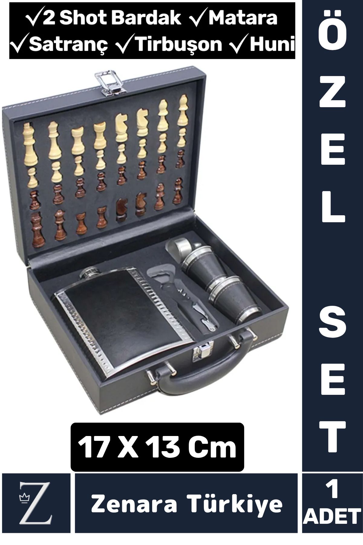 Zenara Piknik Kamp Alkol Konyak Matara 2 Shot Bardak Huni Tirbuşon Özel Çantalı Ahşap Satranç Premium Set