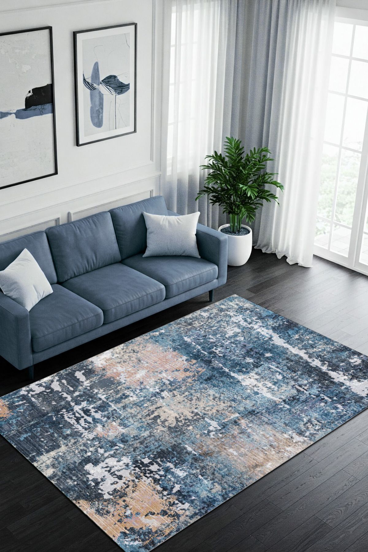 The Reef Design Soyut Modern Desenli Mavi Halı Dijital Baskılı Dokuma Kaymaz Tabanlı Yıkanabilir Yazlık Halısı