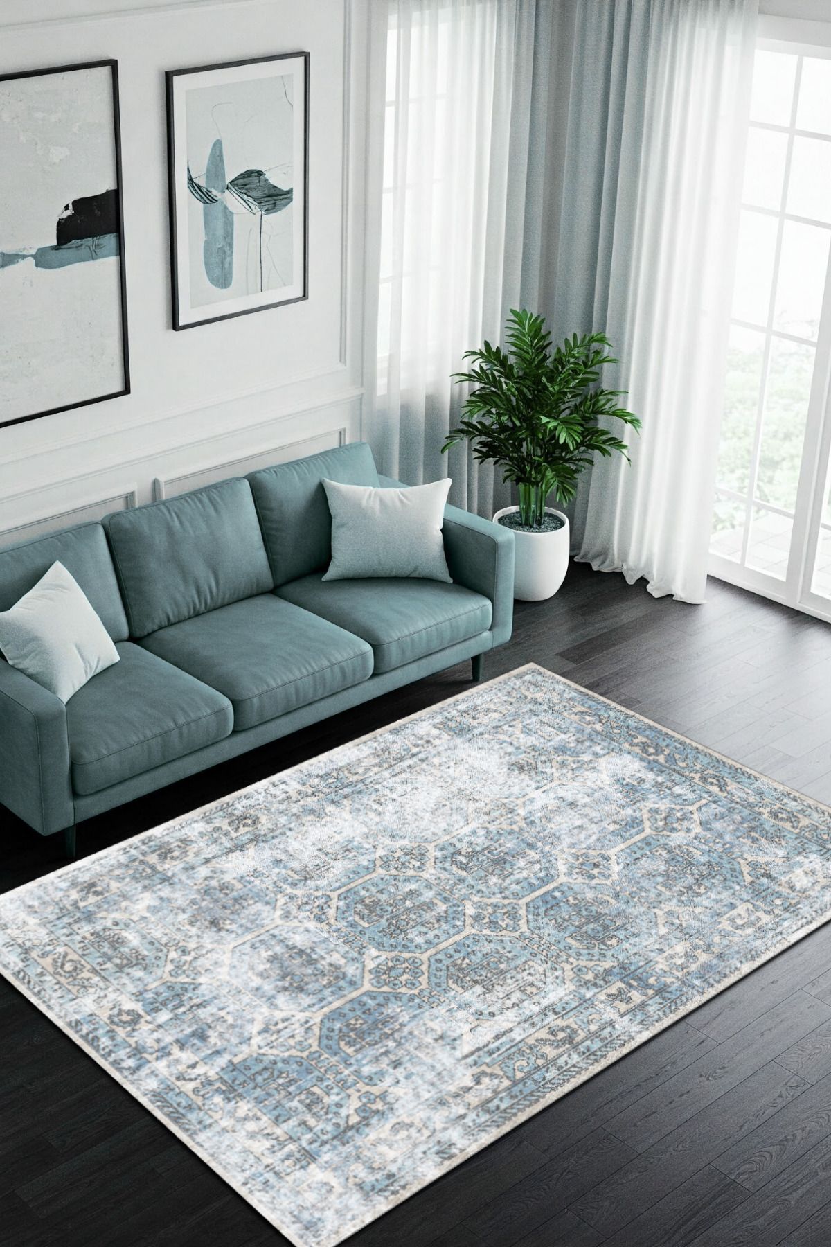 The Reef Design Mavi Eskitme Kilim Desenli Halı Dijital Baskılı Dokuma Kaymaz Tabanlı Yıkanabilir Salon Halısı