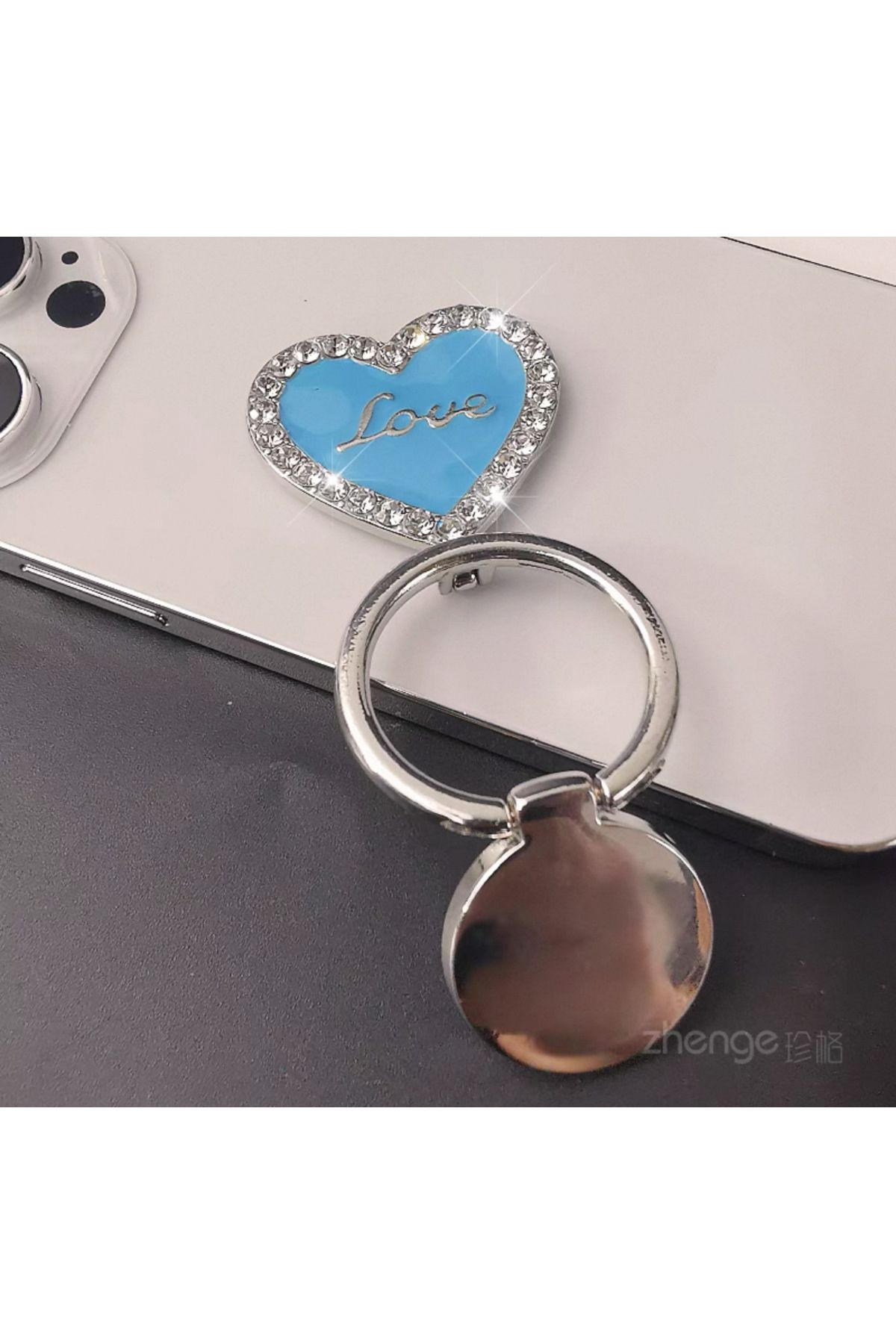 EDELFU Popsocket Gümüş Taşlı Halka Love Kalpli Metal Telefon Tutacağı Sert Yüzey Yapışkanlı Parmak Tutucu