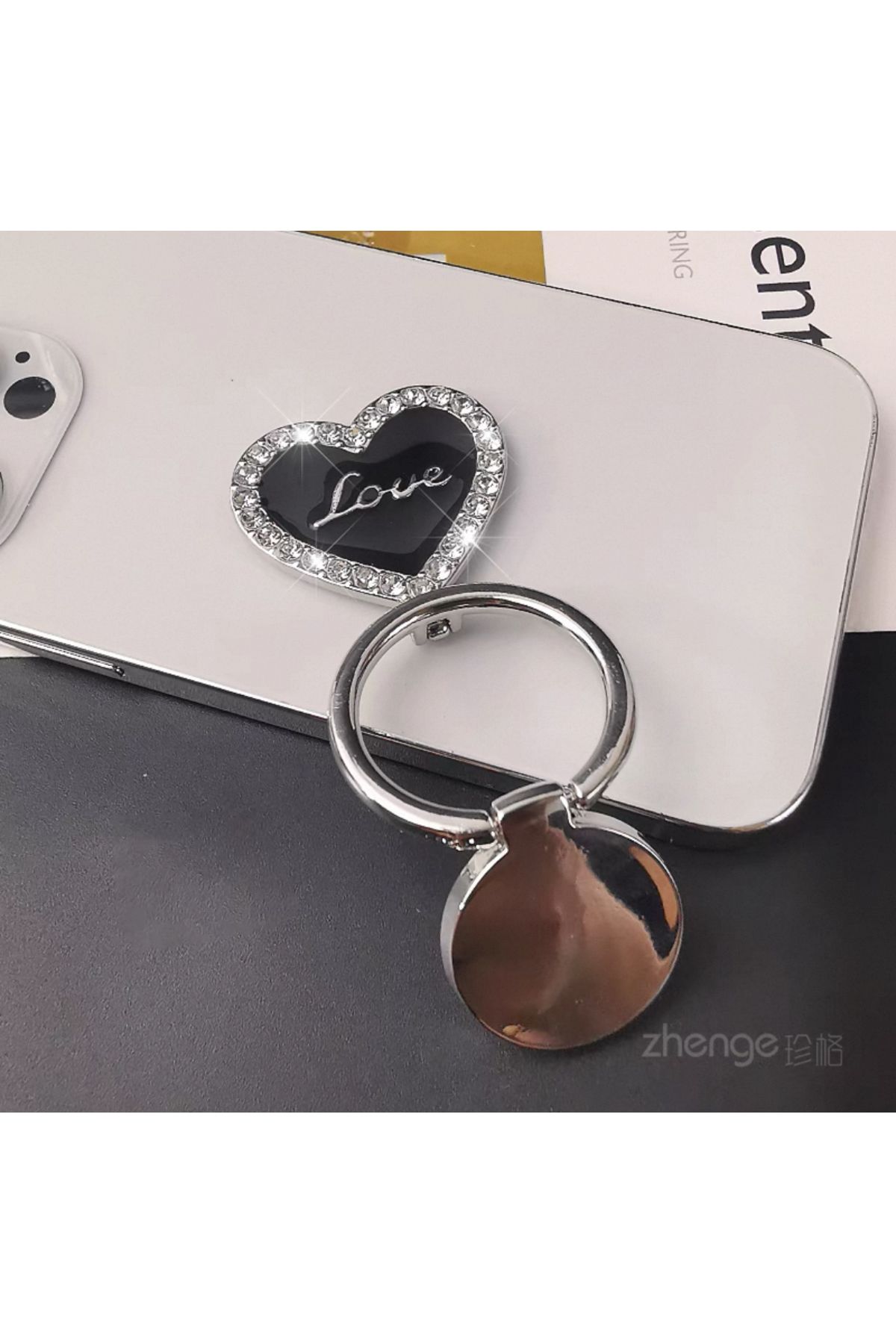 EDELFU Popsocket Gümüş Taşlı Halka Love Kalpli Metal Telefon Tutacağı Sert Yüzey Yapışkanlı Parmak Tutucu