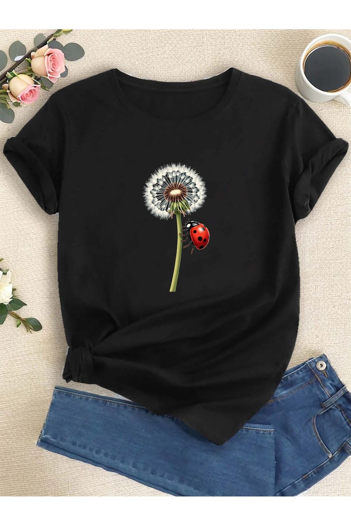 aynewmoda Karahindiba ve uğur böceği kısa kollu tişört, ilkbahar ve yaz,