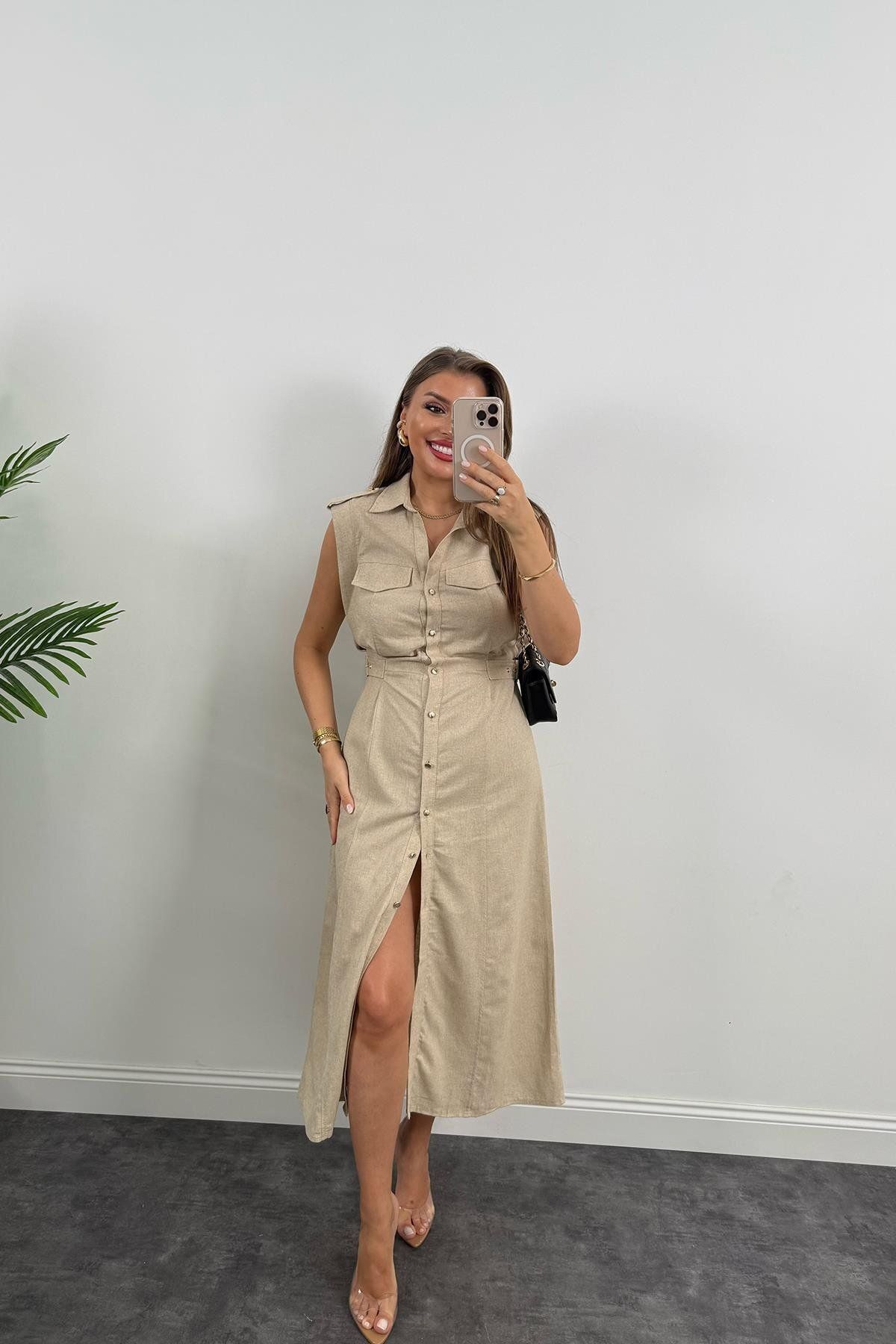 TB Butik Apoletli Boydan Düğmeli Keten Yazlık Elbise