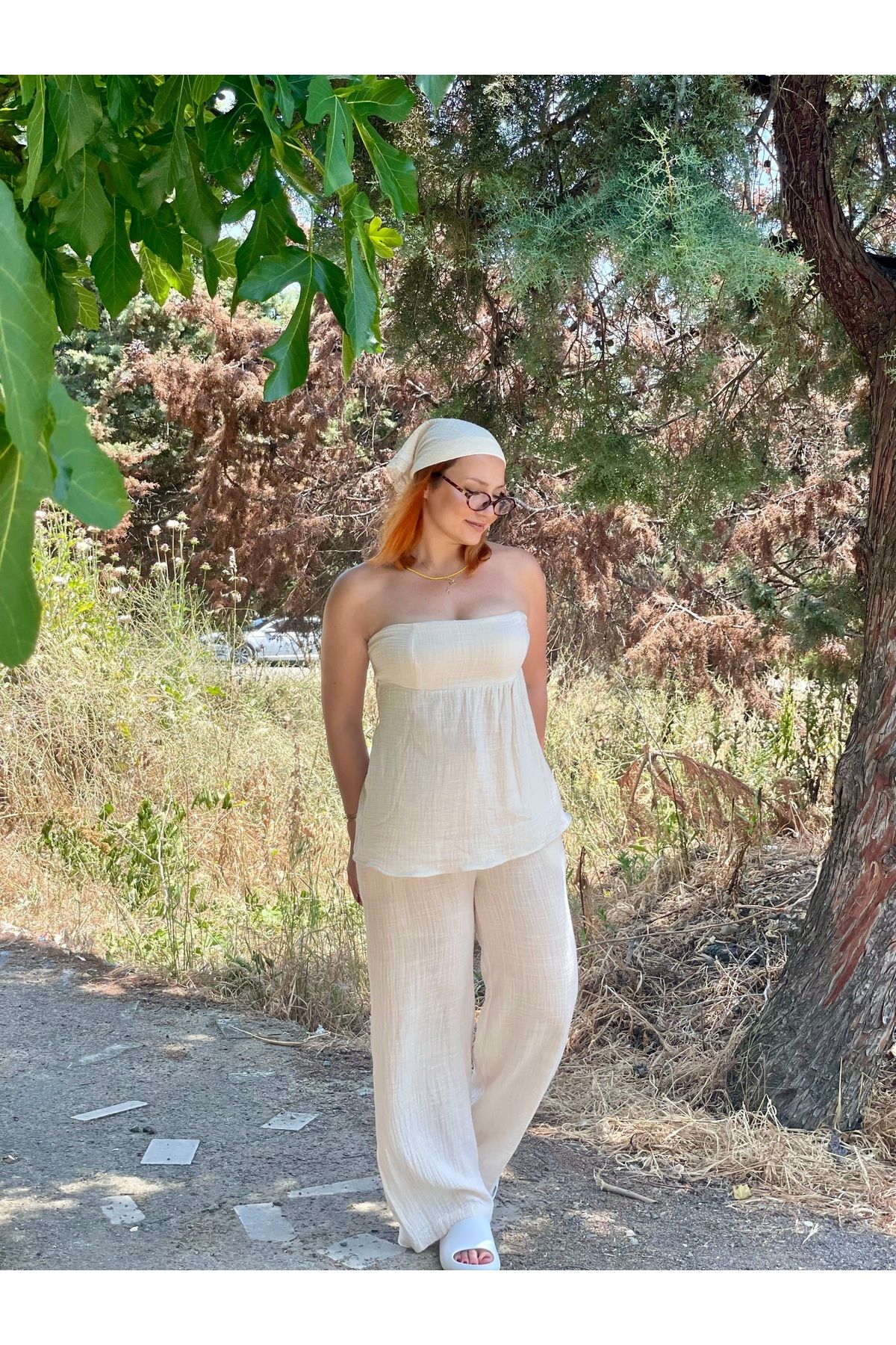 Tumtum Wear Müslin Sırt Bağlama Detaylı Bandalı Keten Takım