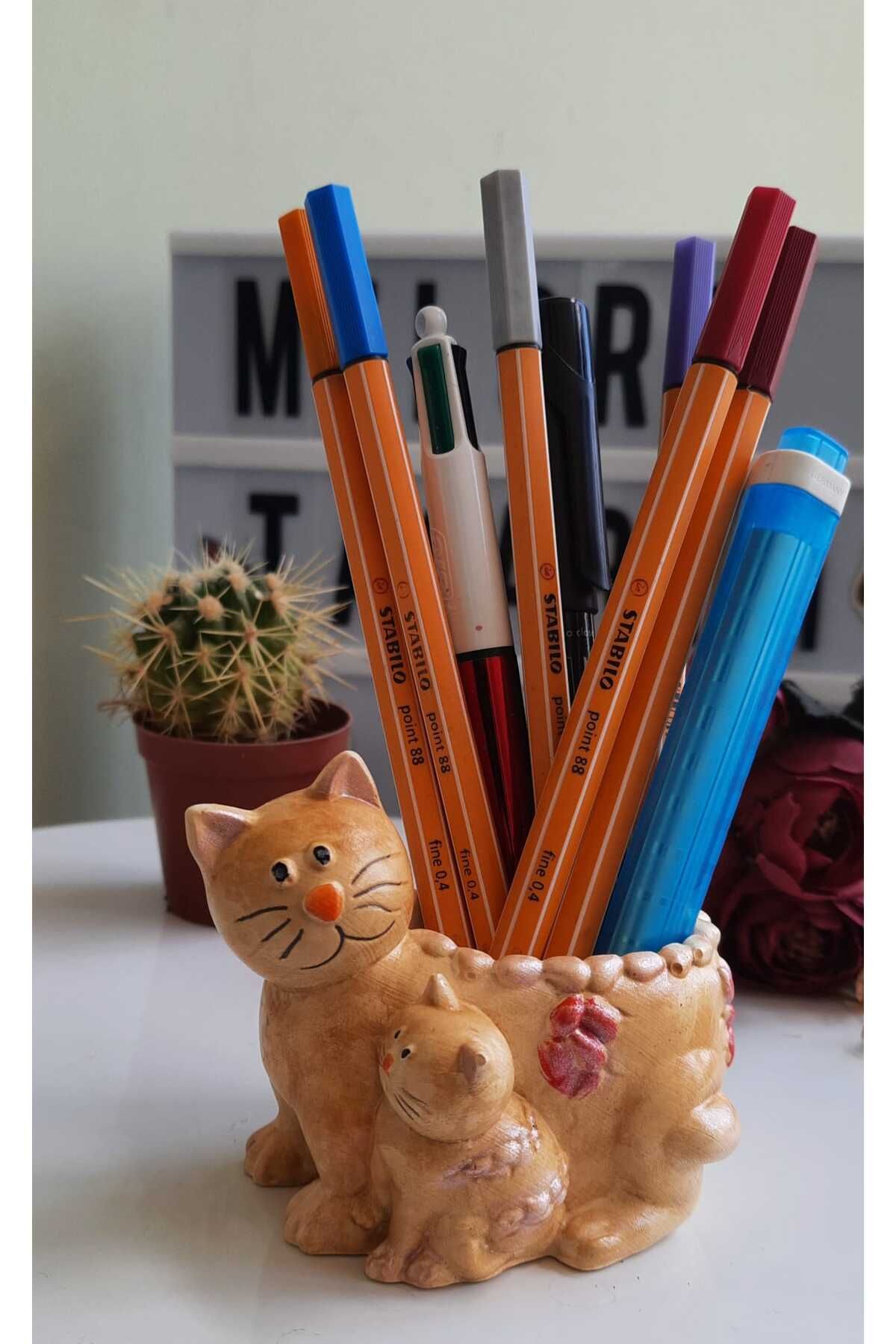 melora Mini Kedi Saksı,çiçeksiz Mini Organizer,dekoratif Kalemlik Kahverengi