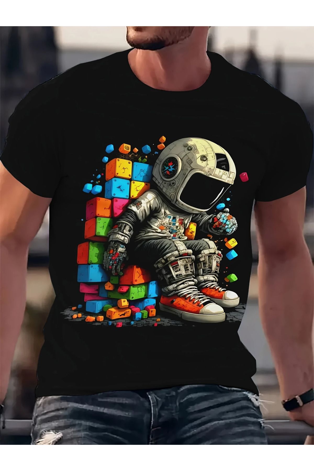 aynewmoda Bold Promise, Astronot Desenli Tişört, Erkek Günlük Sokak Stili Mürettebat Yaka Lastikli Yaz
