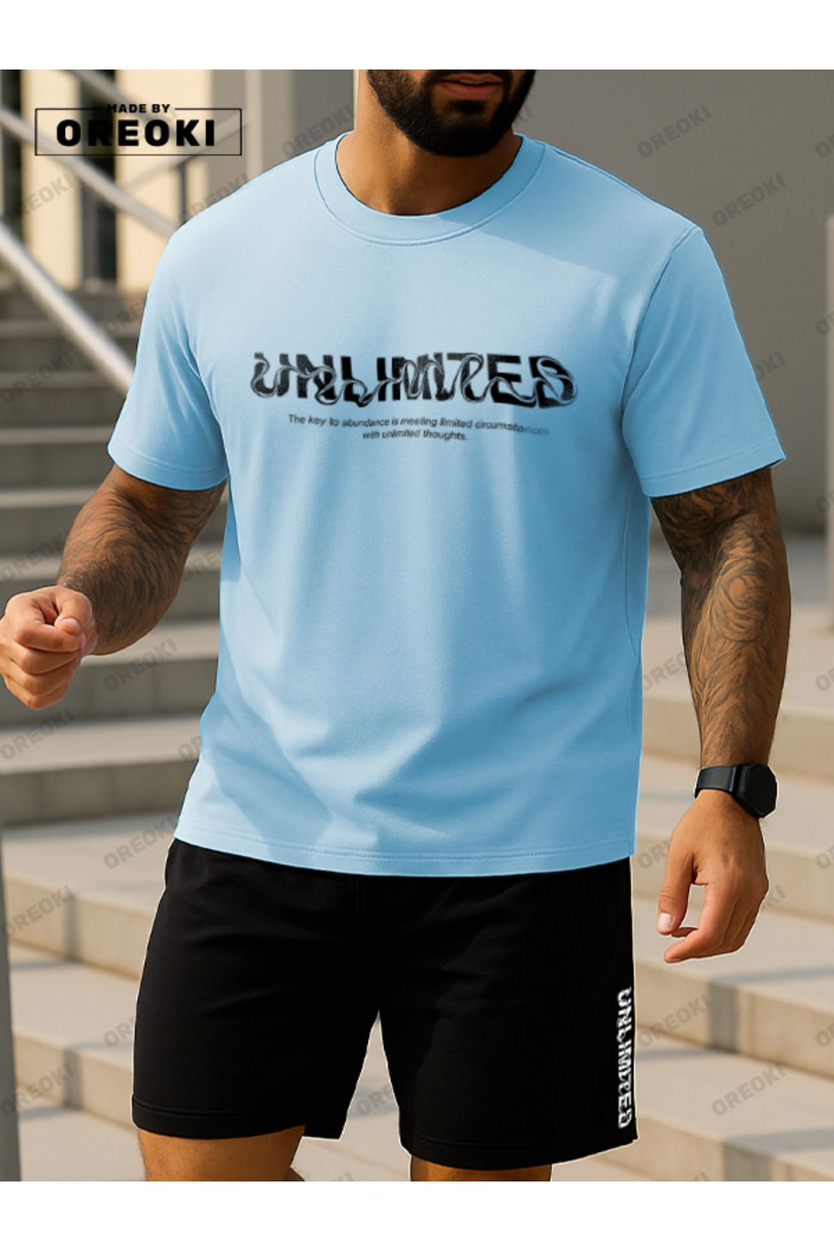 EFFRENATU Dalgalı Unlimited Baskılı Pamuklu Kumaş Erkek Açık Mavi T-shirt-Siyah Şort Takım