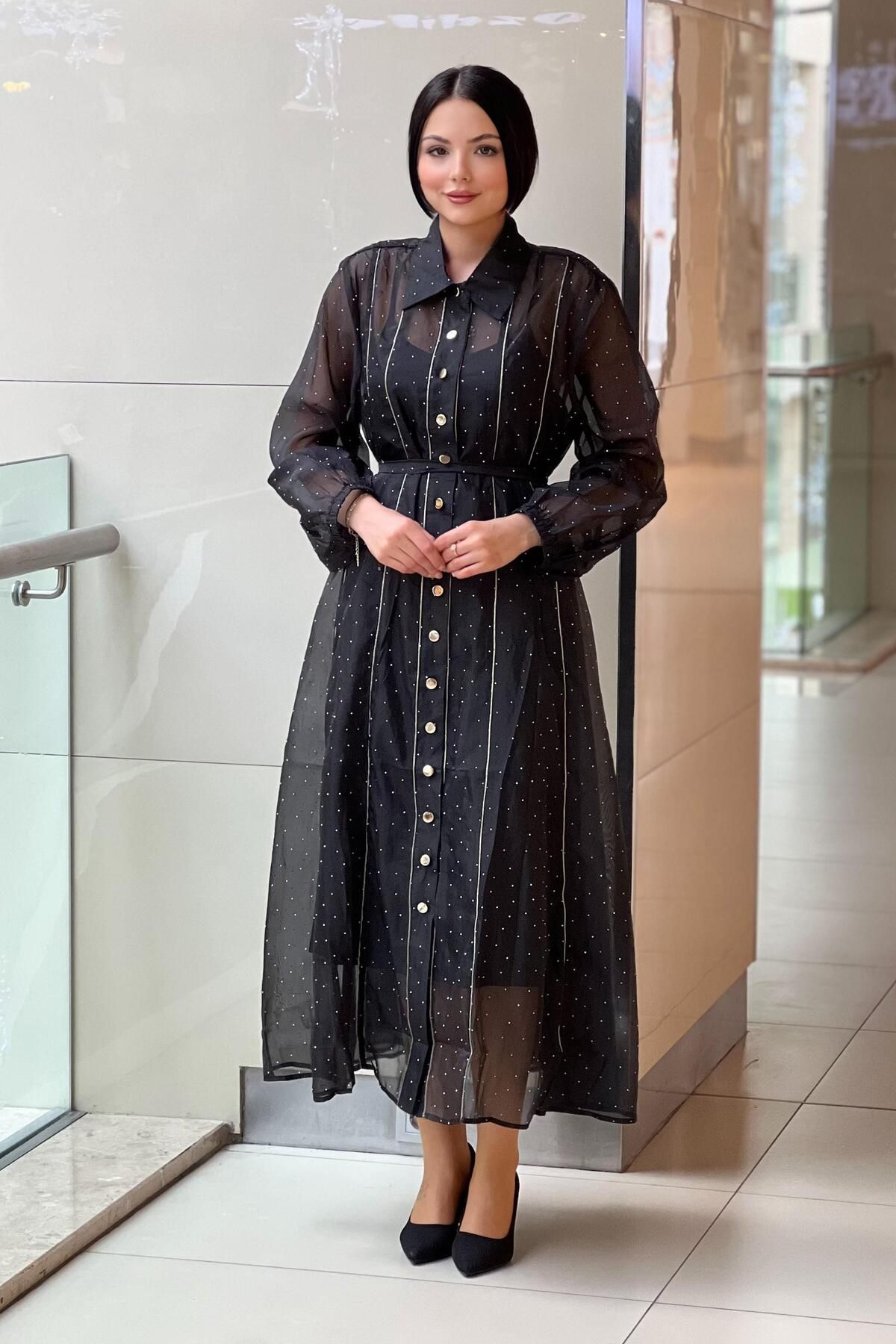 Mahal Full Taşlı Organze Transparan Elbise