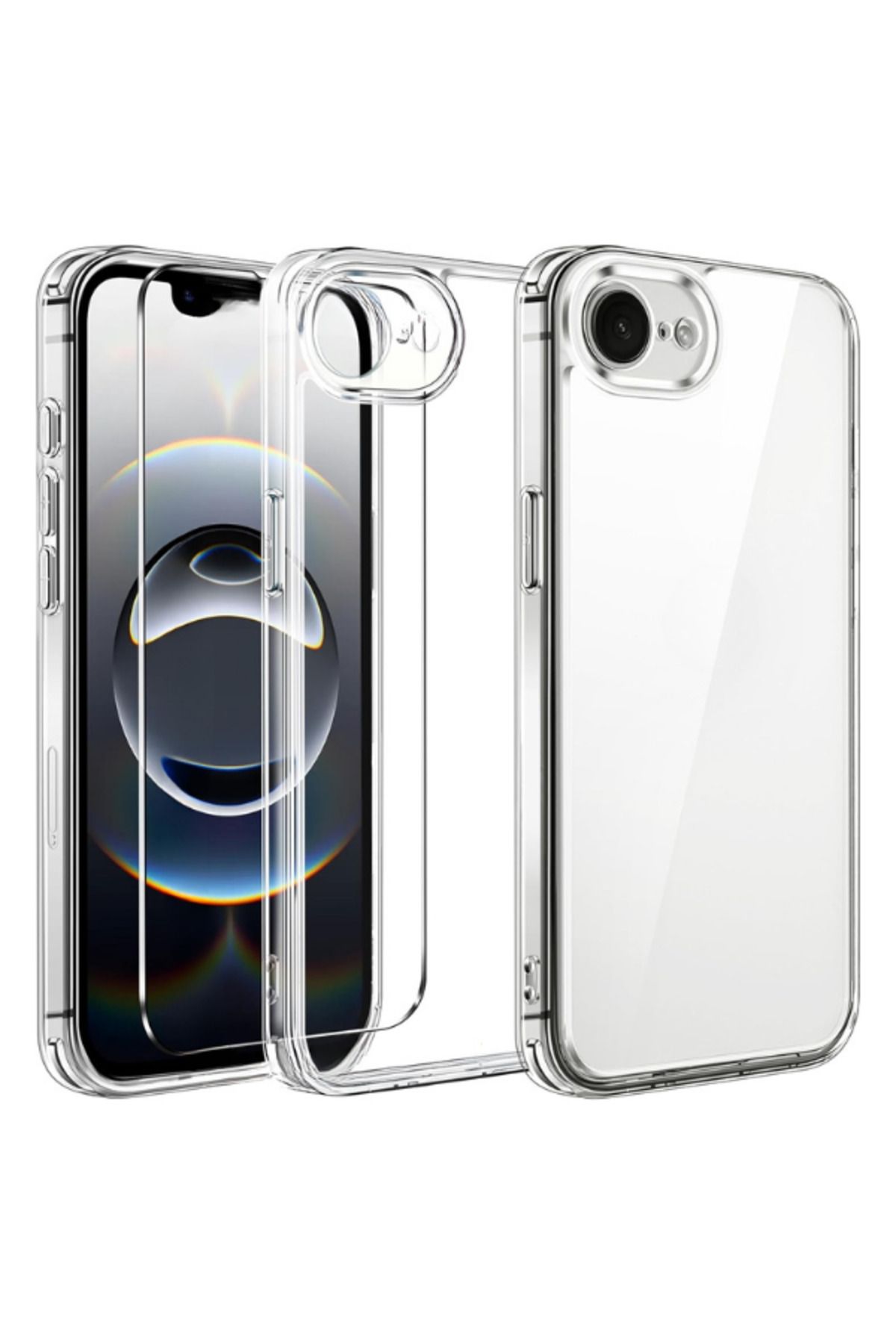 EVAX 1C1K iPhone 16e (2025) Uyumlu 1 Kamera Korumalı Şeffaf Silikon Kılıf + 1 Temperli Cam Ekran Koruyucu