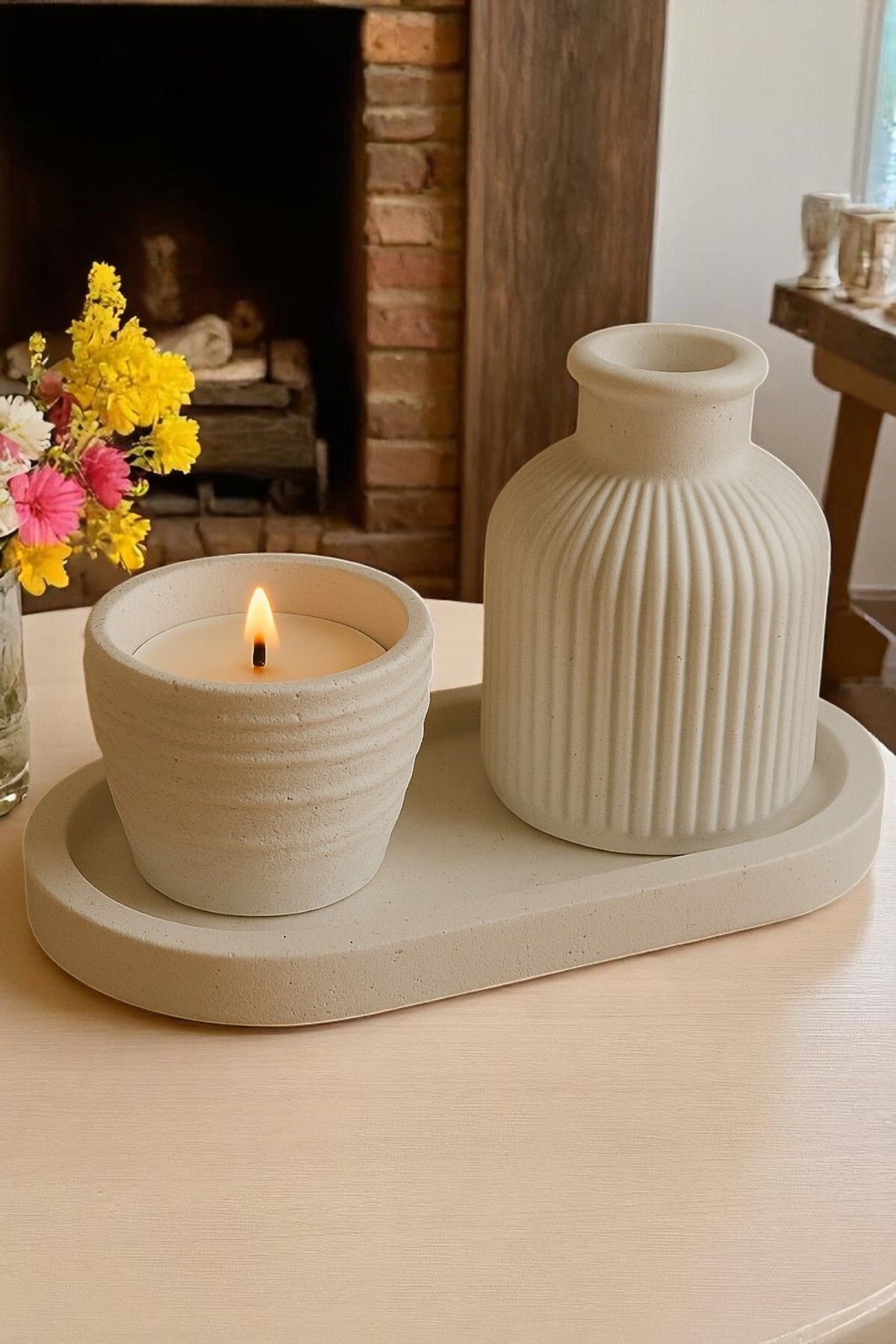 ERSE HOME Vazo ve Hasır Şekilli Dekoratif İçinde Mum, Beyaz Renk Beton 3' lü Set