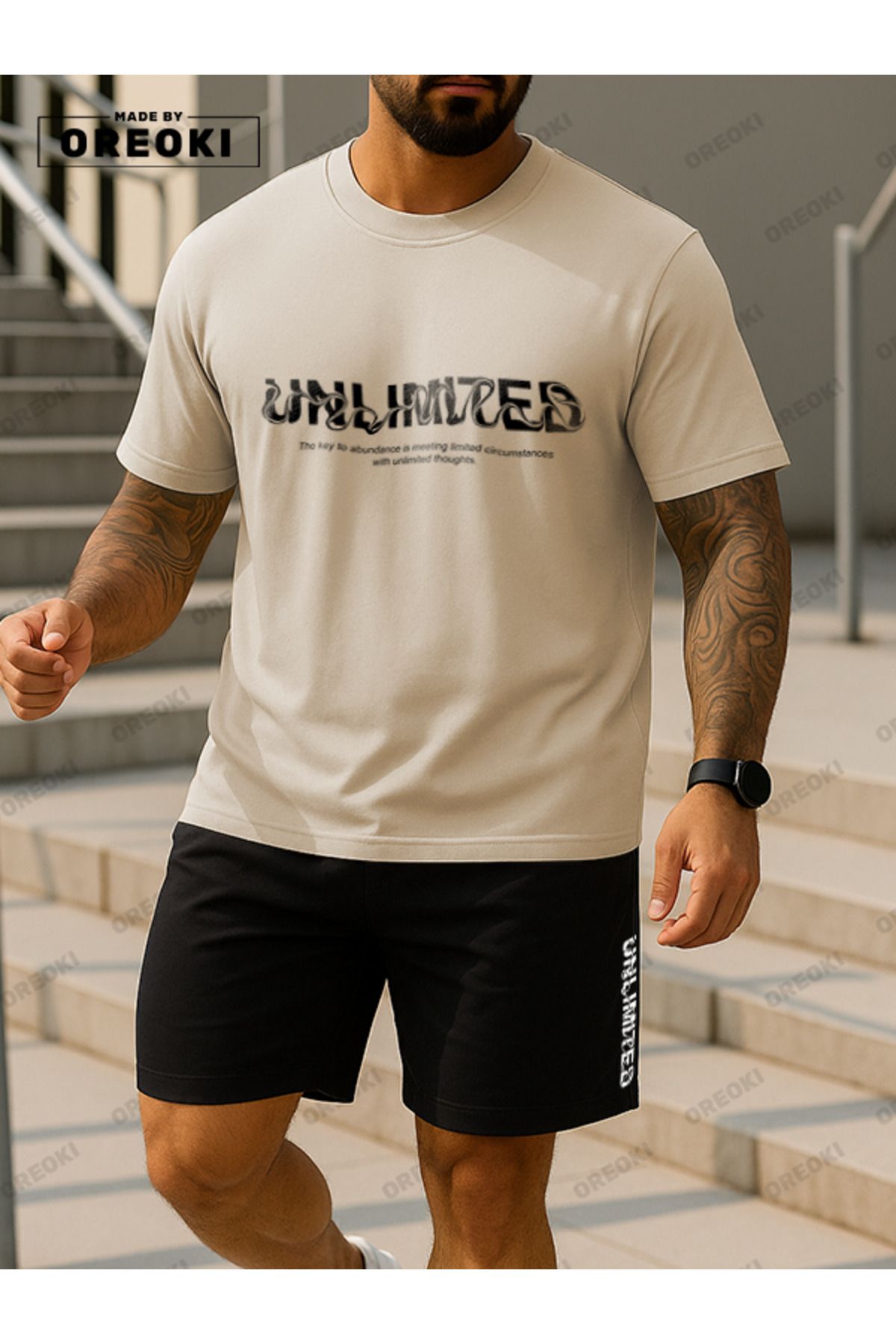 EFFRENATU Dalgalı Unlimited Baskılı Pamuklu Kumaş Erkek Bej T-shirt-Siyah Şort Takım