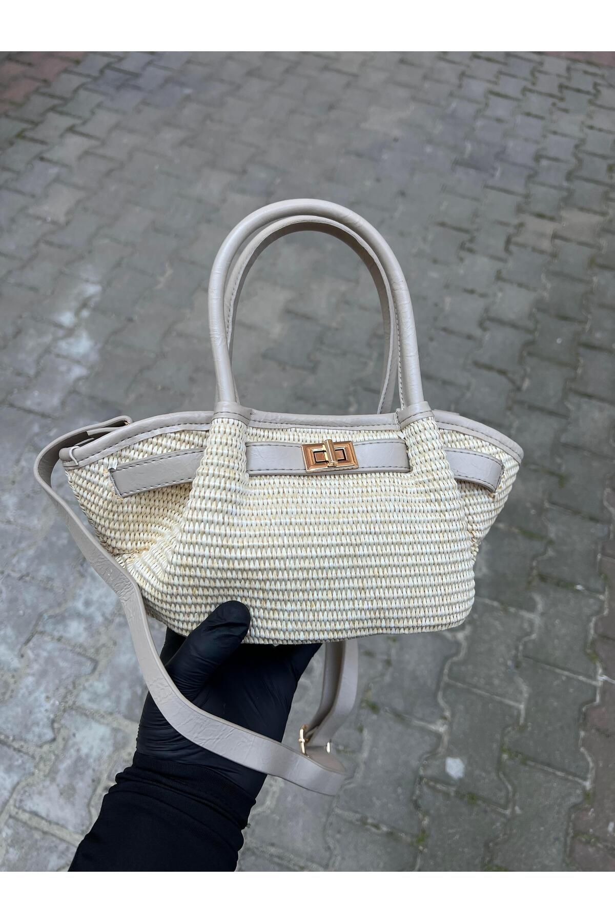 Mia Collection Gerçek Hasır Lima Model El Ve Kadın Omuz Çantası Vizon