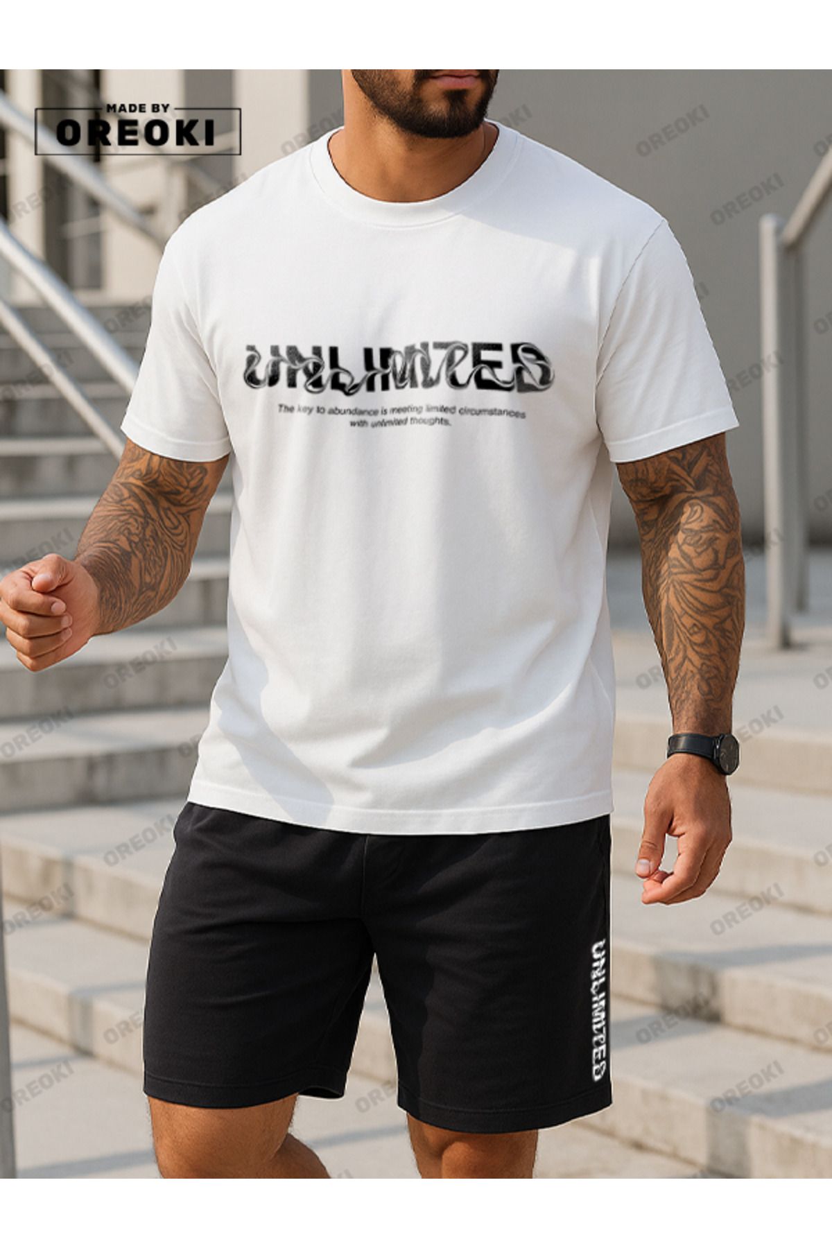 EFFRENATU Dalgalı Unlimited Baskılı Pamuklu Kumaş Erkek Beyaz T-shirt-Siyah Şort Takım