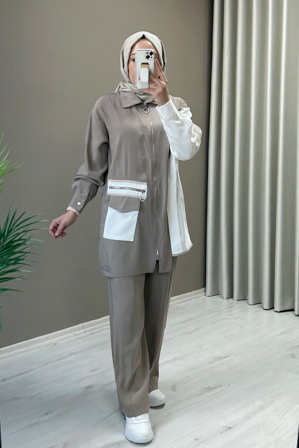 T Moda Store Cupra Kumaş Asimetrik Kesim Fermuar ve Cep Detaylı İkili Tesettür Takım