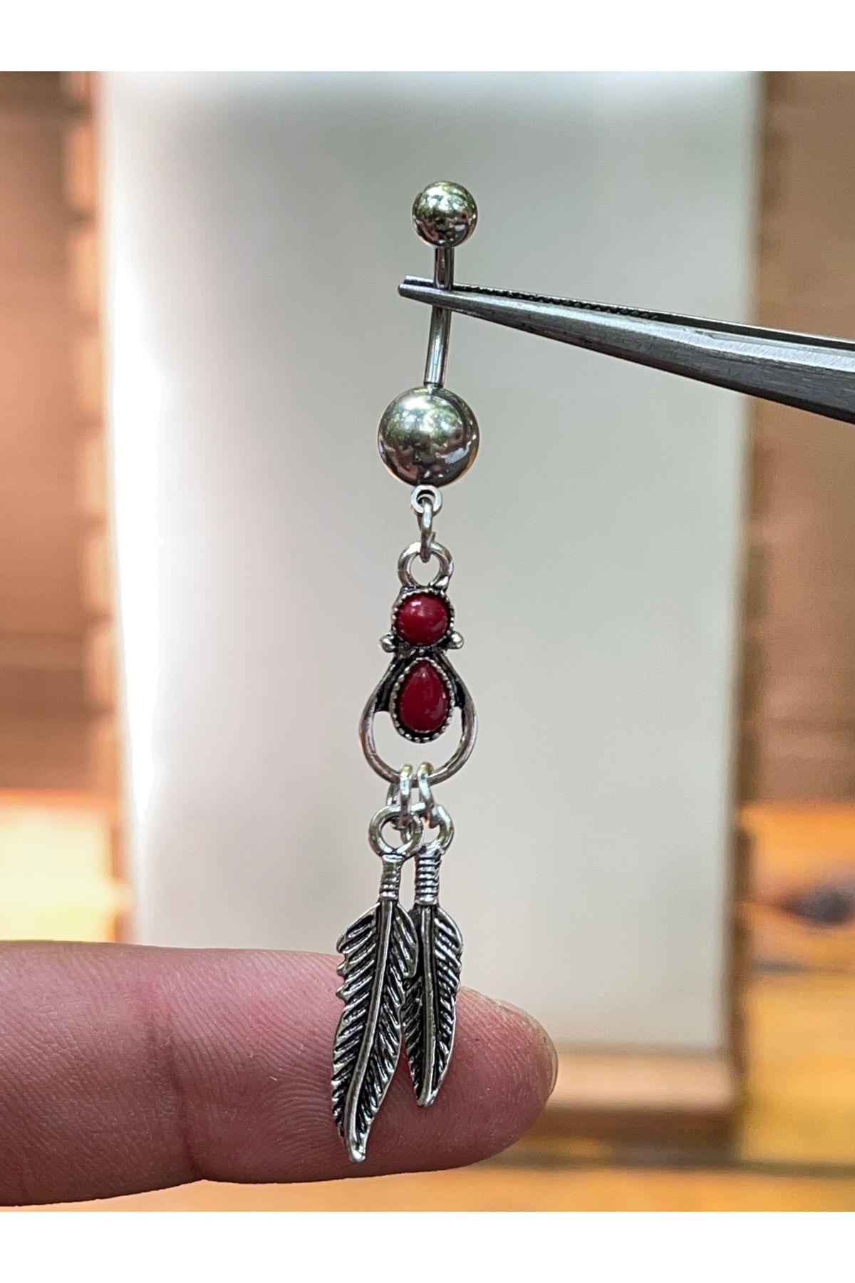 Rupen Kraft 316 L Cerrahi Çelik Bordo Taşlı Yaprak Sallantılı Göbek Piercingi