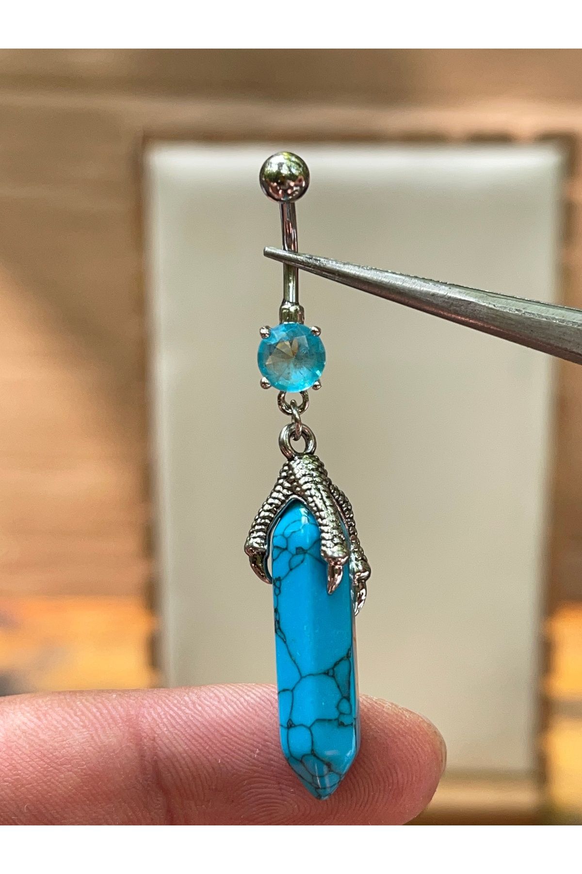 Rupen Kraft 316 L Cerrahi Çelik Turkuaz Zirkon ve Doğal Taşlı Pençe Modeli Göbek Piercingi