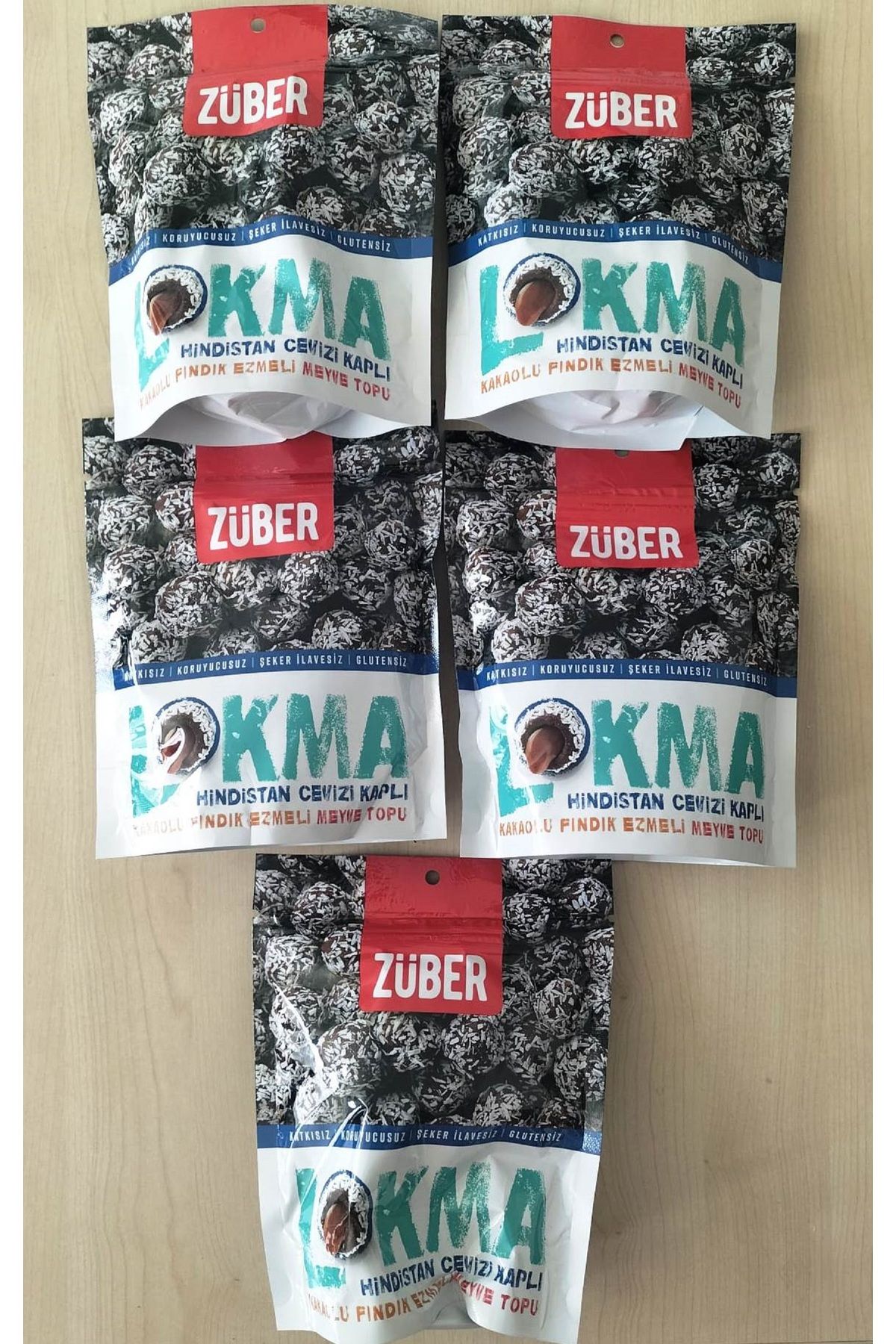 Züber 5'li Paket Lokma Hindistan Cevizi Kaplı Kakaolu Fındık Ezmeli Lokma 96G x 5 Paket