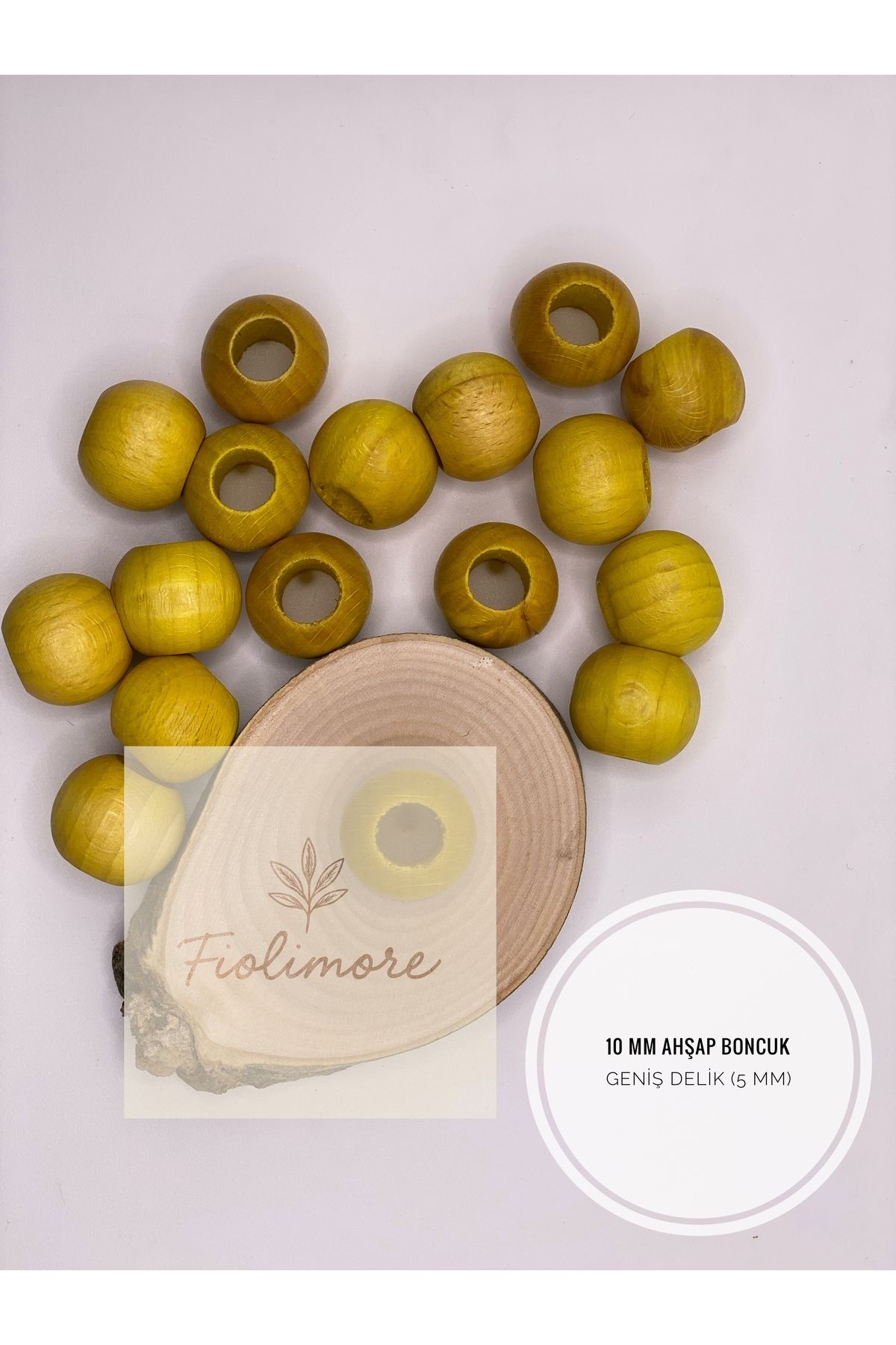 Fiolimore Sarı Ahşap Boncuk 10 mm (50 Gram 155 Adet) Delik Çapı 5 mm Yuvarlak Tahta Renkli Boncuk