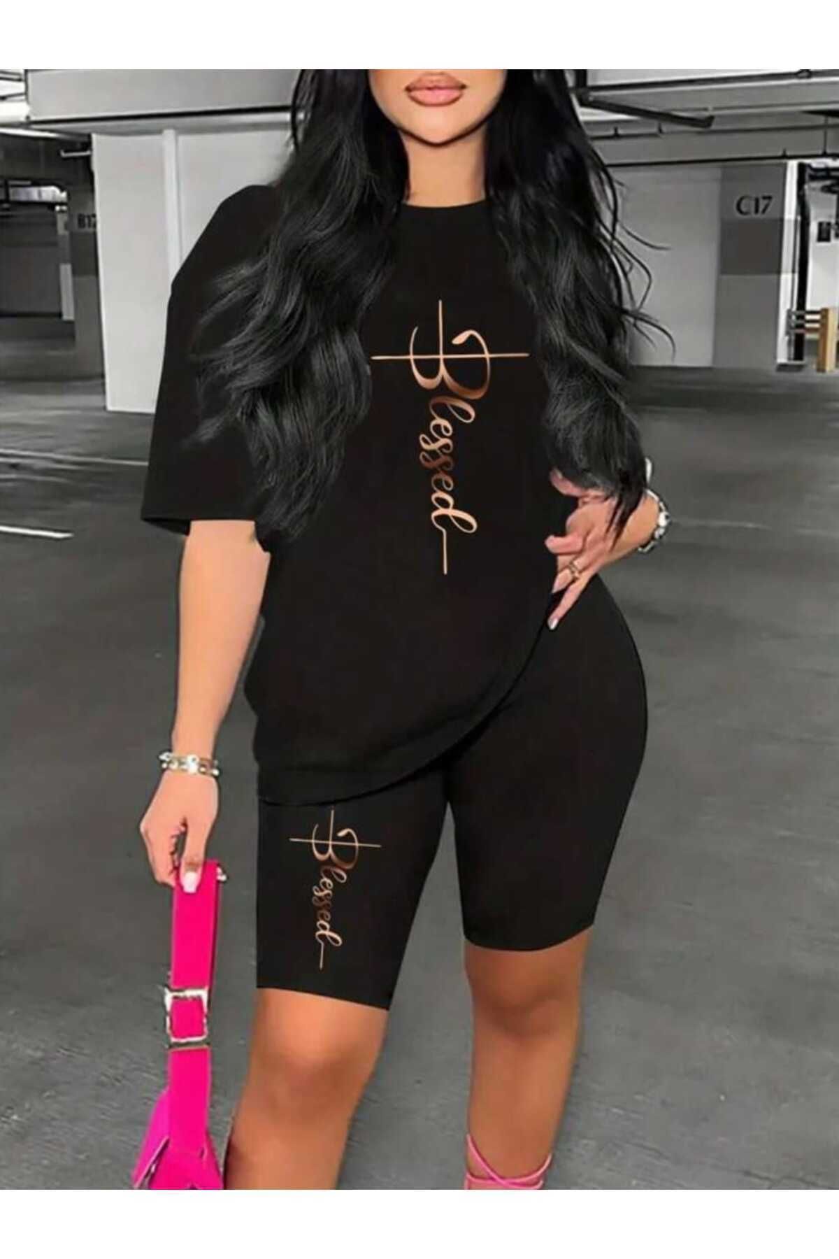 WOODROFFE Tasarım Baskılı Kadın Kısa Tayt Oversize Salaş Boyfriend T-shirt Takım