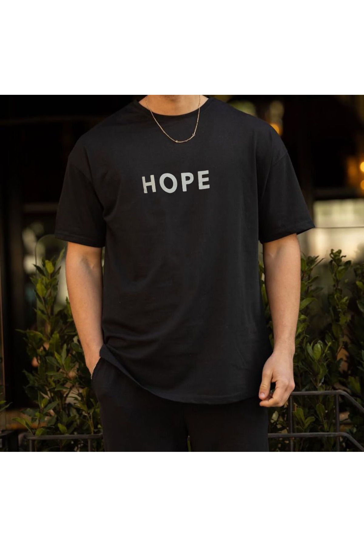 MEYWEAR Hope Baskılı %100 Pamuk Oversize Kısa Kollu Bisiklet Yaka Siyah Tişört