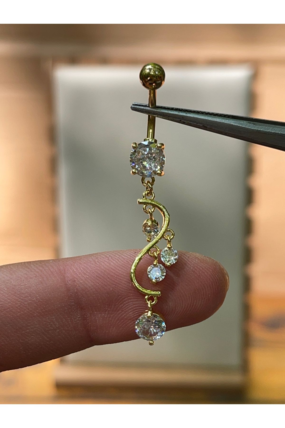 Rupen Kraft 316 L Cerrahi Çelik Pırlanta Modeli Sallantılı Zirkon Taşlı Göbek Piercingi