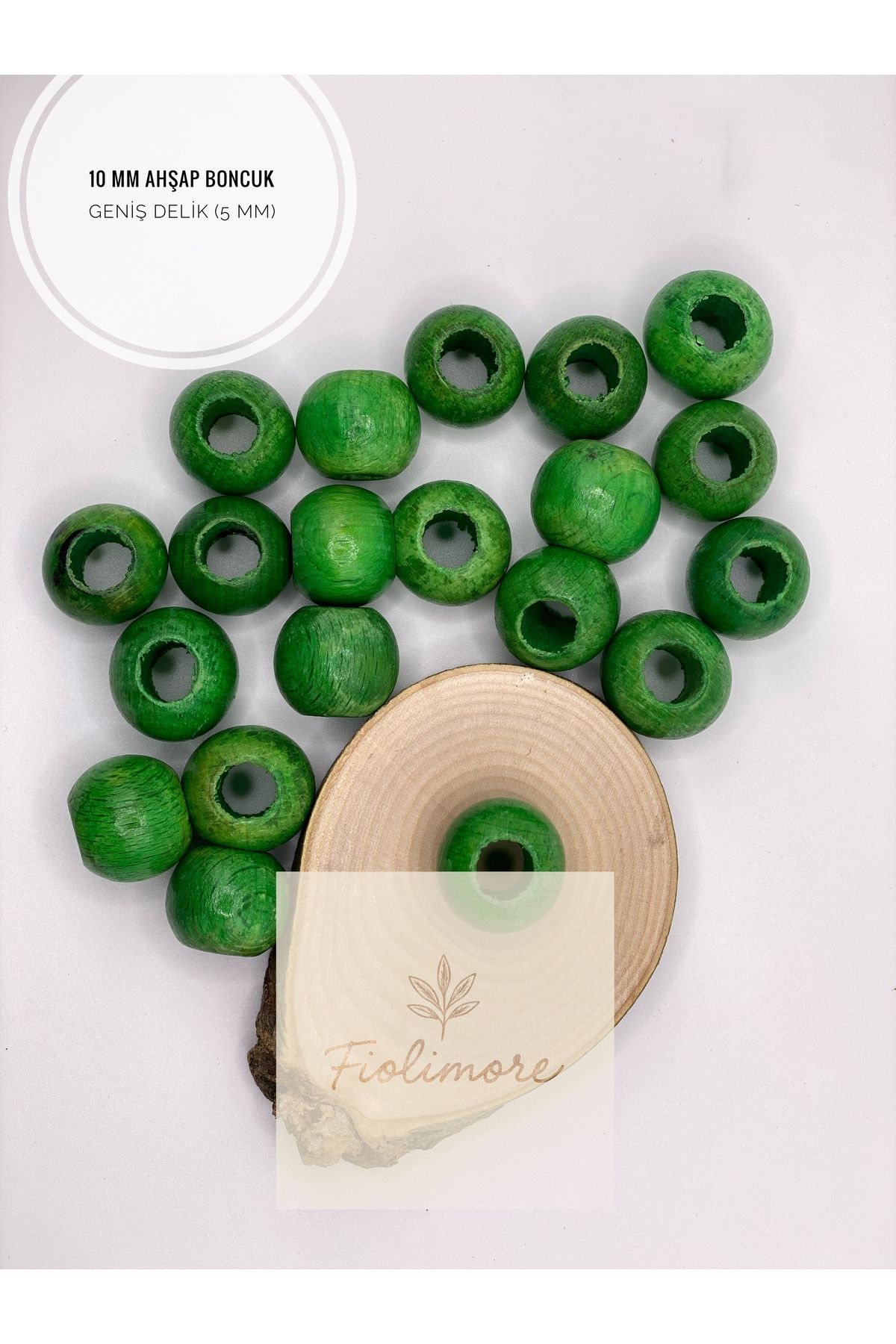Fiolimore Fıstık Yeşil Ahşap Boncuk 10 mm (50 Gram 155 Adet) Delik Çapı 5 mm Yuvarlak Tahta Renkli Boncuk