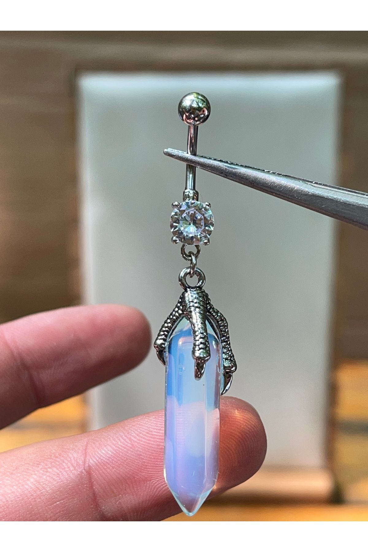 Rupen Kraft 316 L Cerrahi Çelik Zirkon ve Opal Taşlı Pençe Modeli Göbek Piercingi