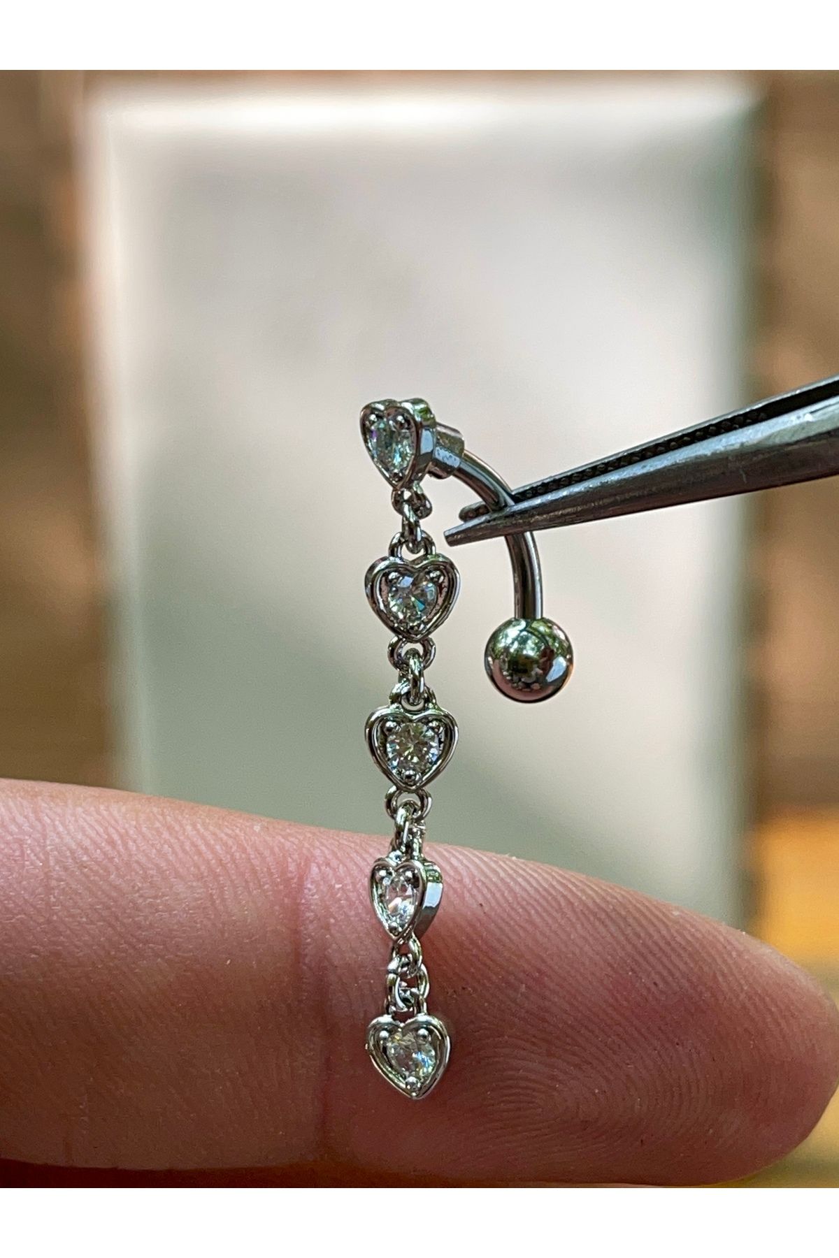 Rupen Kraft 316 L Cerrahi Çelik Sallantılı Kalp Detaylı Zirkon Taşlı Göbek Piercingi