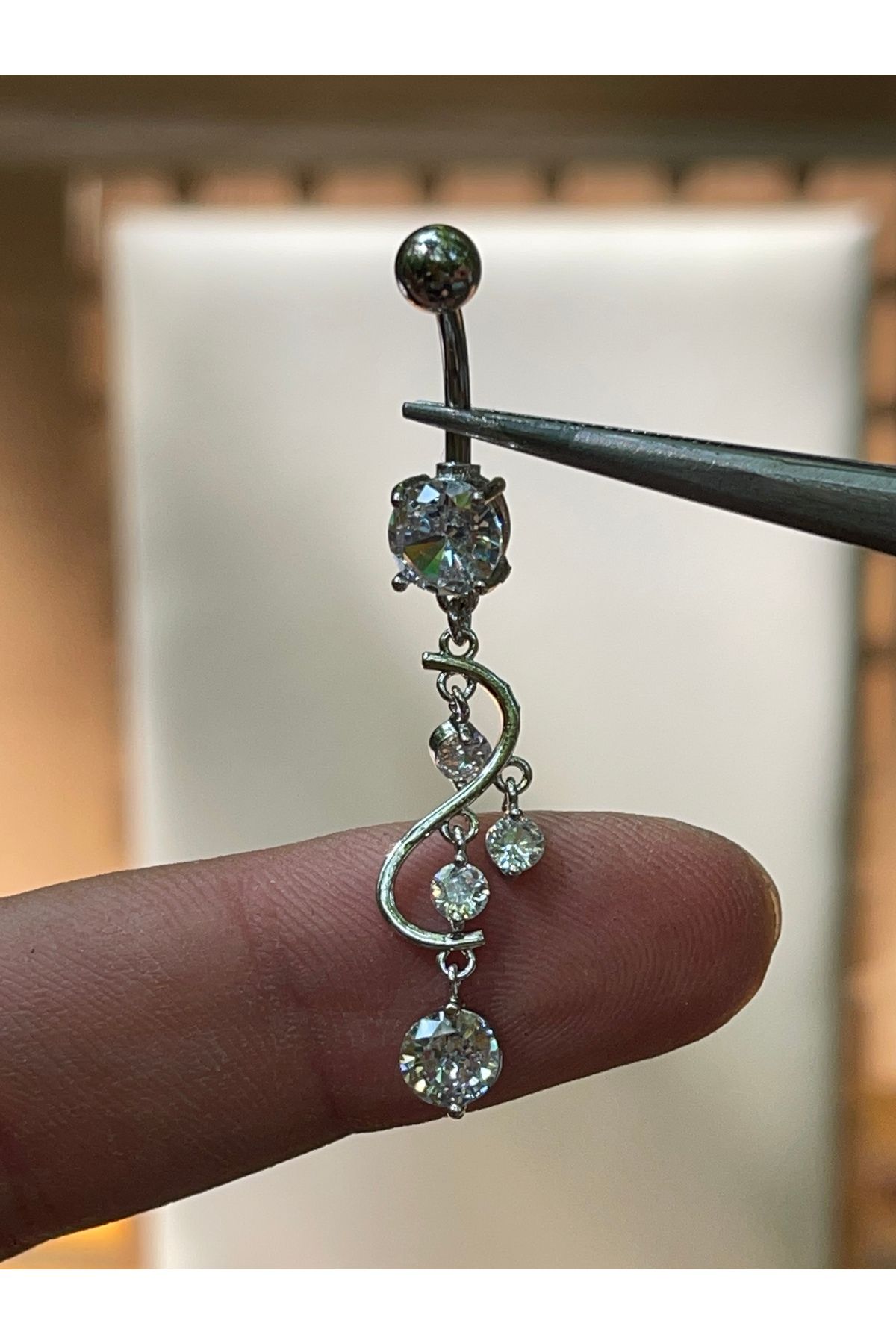 Rupen Kraft 316 L Cerrahi Çelik Pırlanta Modeli Sallantılı Zirkon Taşlı Göbek Piercingi